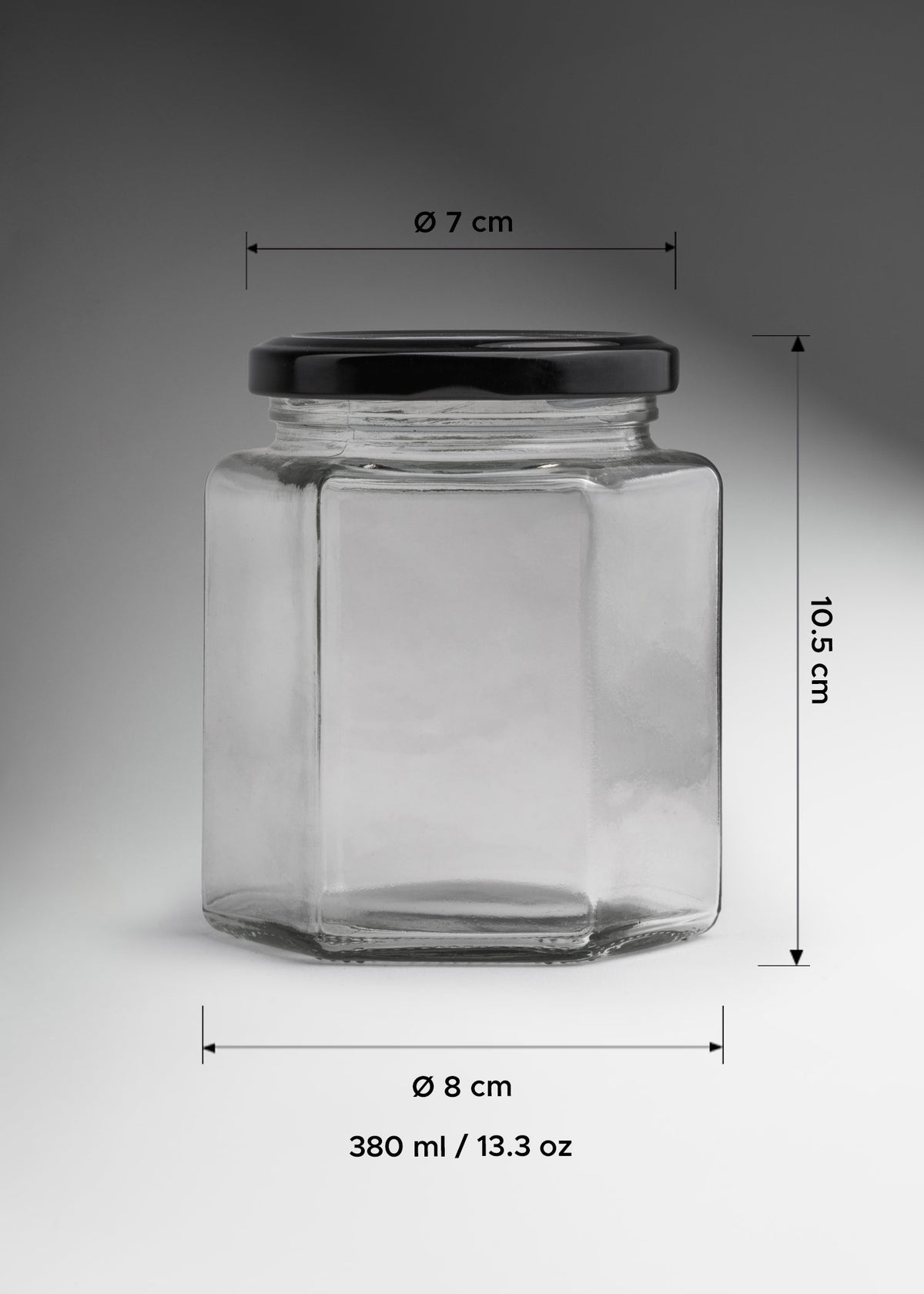 Frascos hexagonales de vidrio transparente con tapa negra uso alimenticio de 45 a 500 ml — imagen de producto