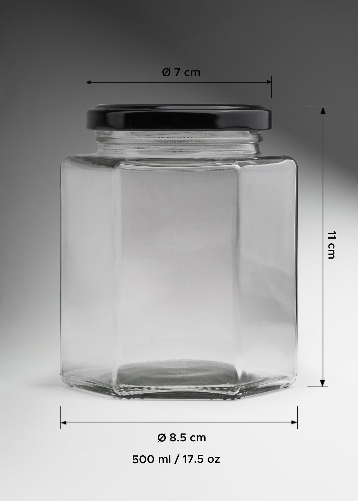 Frascos hexagonales de vidrio transparente con tapa negra uso alimenticio de 45 a 500 ml — imagen de producto