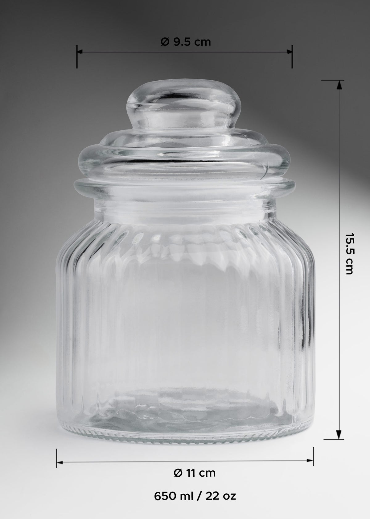 Frasco de vidrio estriado con tapa hermética para vela 300 y 650 ml — imagen de producto