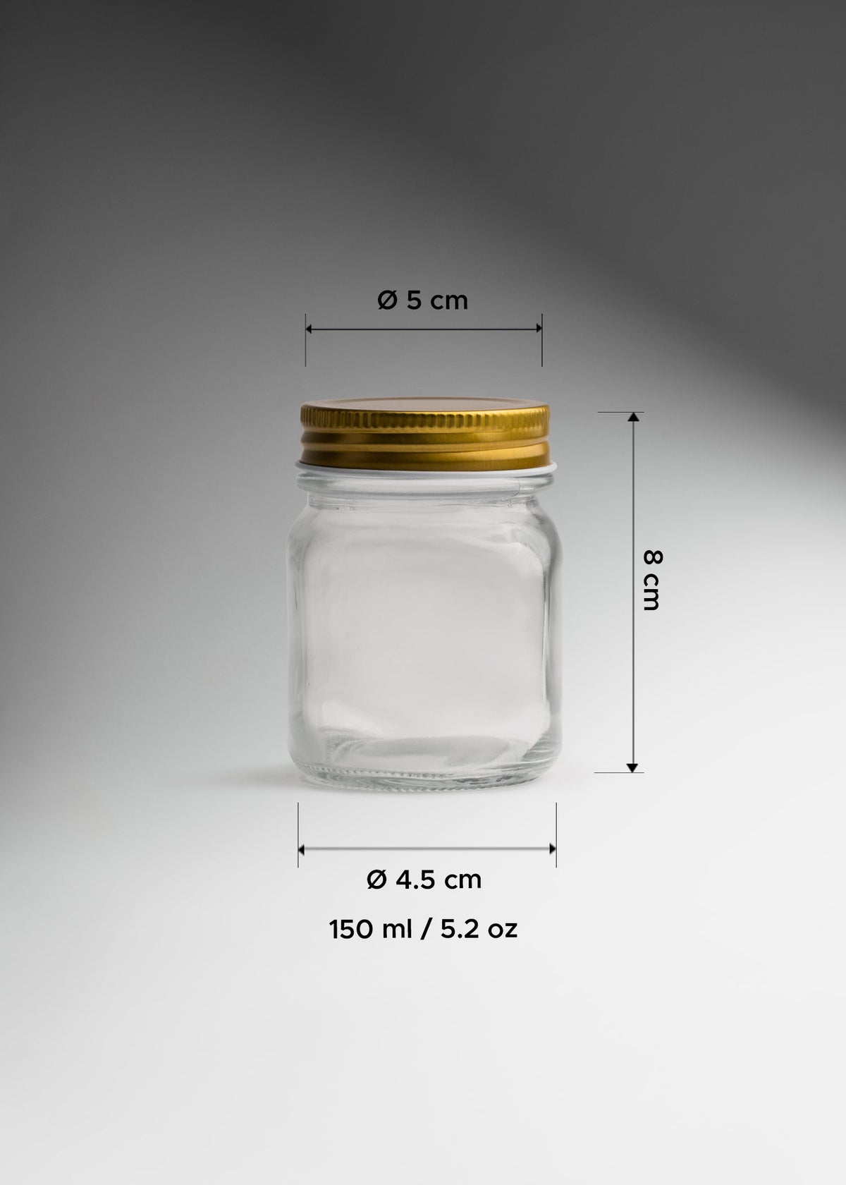 Frascos cilindro de vidrio transparente con tapa dorada de 150 ml a 1 L — imagen de producto