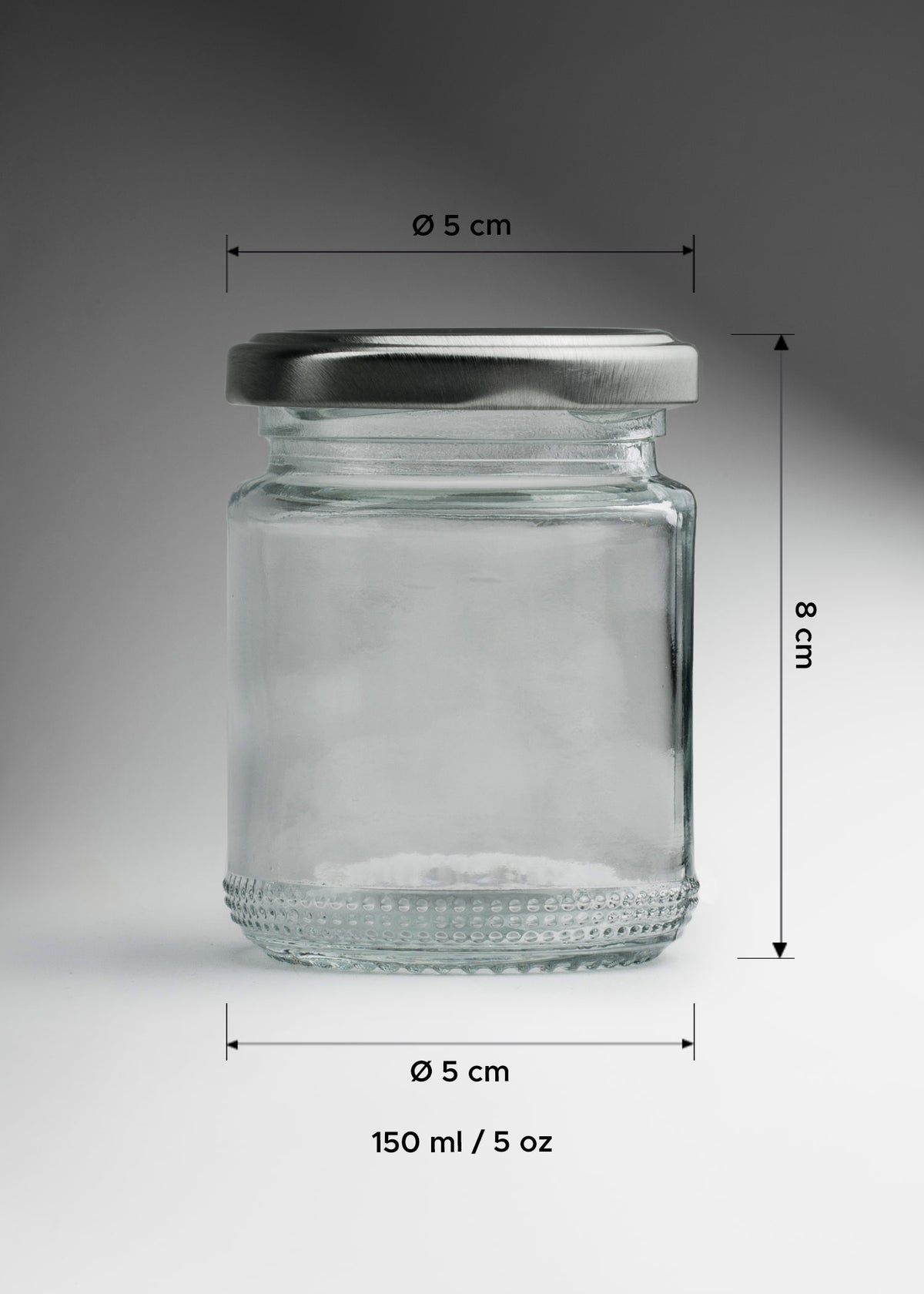 Frascos cilindro de vidrio transparente con tapa plateada de 50 a 500 ml — imagen de producto