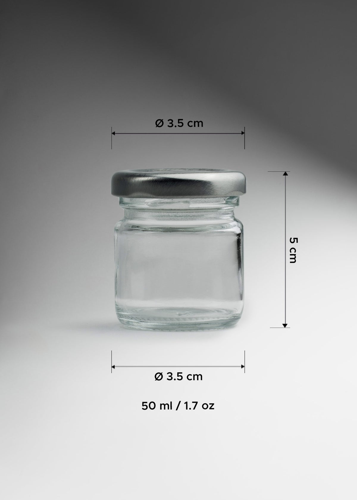 Frascos cilindro de vidrio transparente con tapa plateada de 50 a 500 ml — imagen de producto