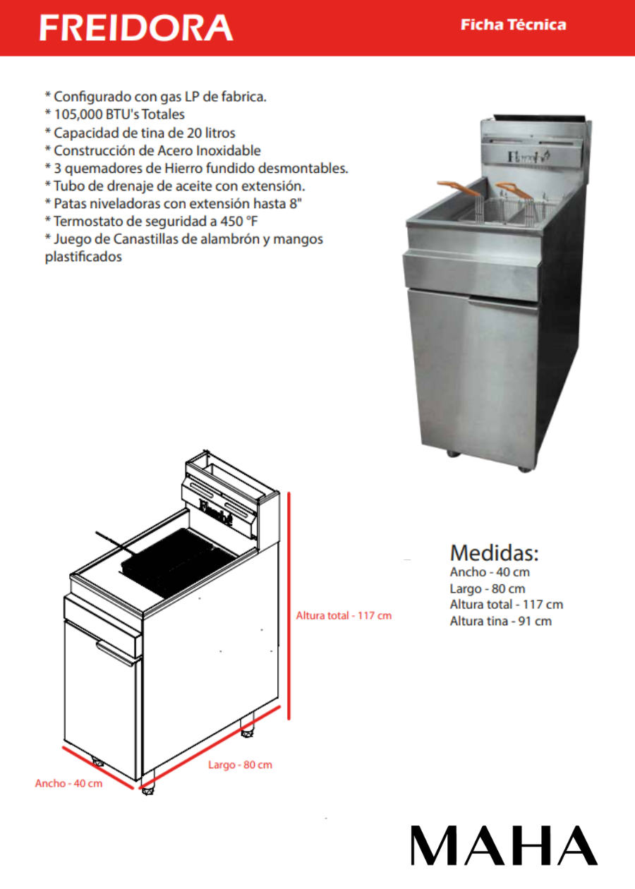 Freidora de gas LP de acero inoxidable NSF con 3 quemadores 20 L y 2 canastillas gas LP — imagen de producto