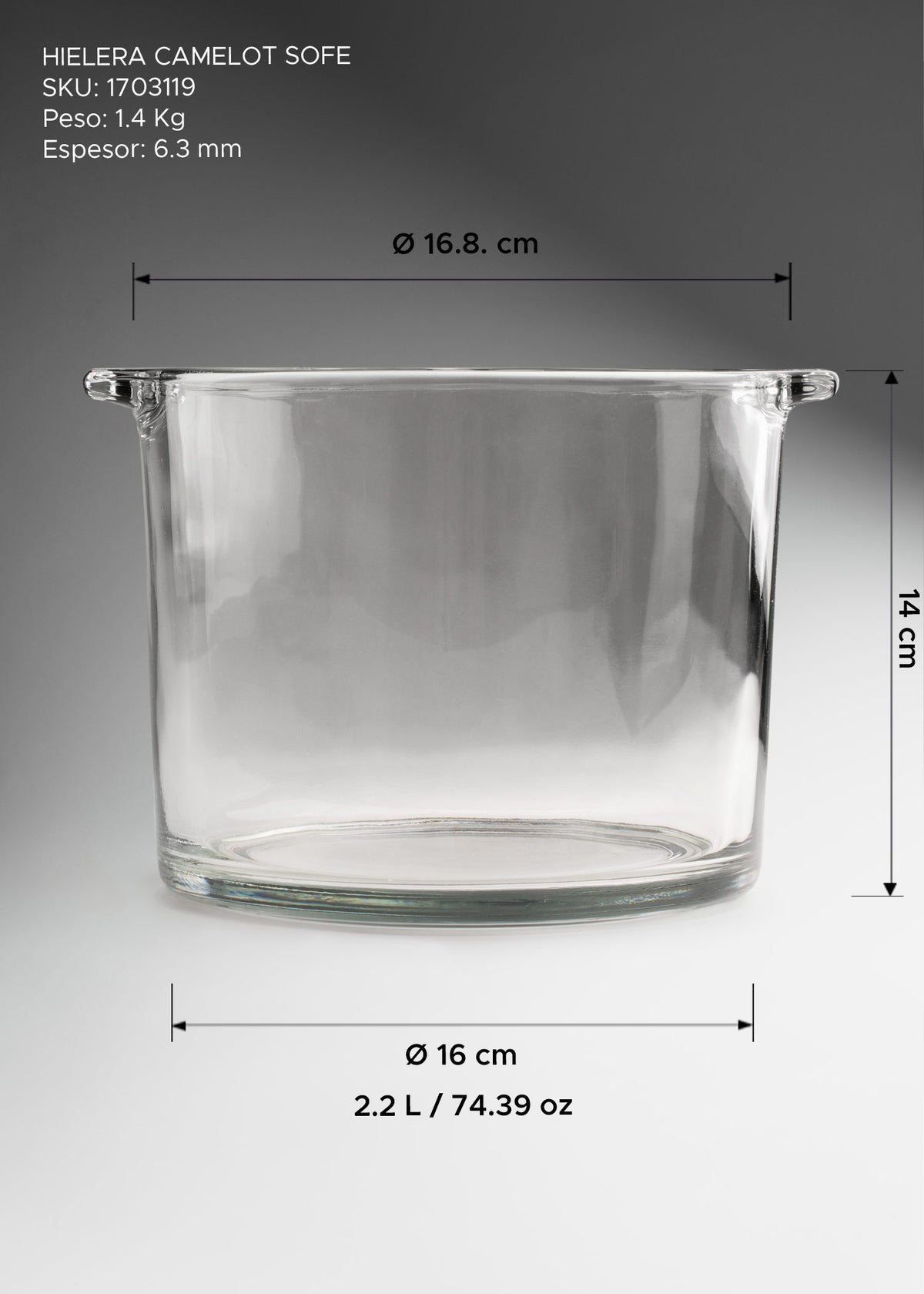 Hielera de vidrio transparente calibre grueso alta resistencia para bar y restaurante 2.2 L - Ø 16.8 cm — imagen de producto