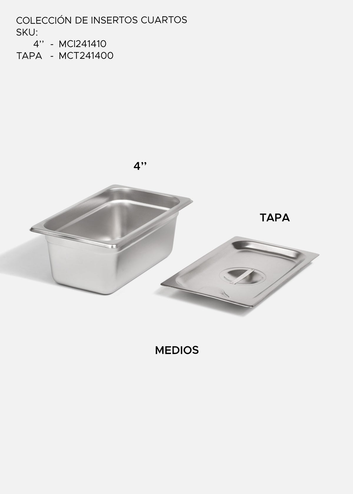 Inserto cuarto de acero inoxidable NSF profundidad 4" — imagen de producto