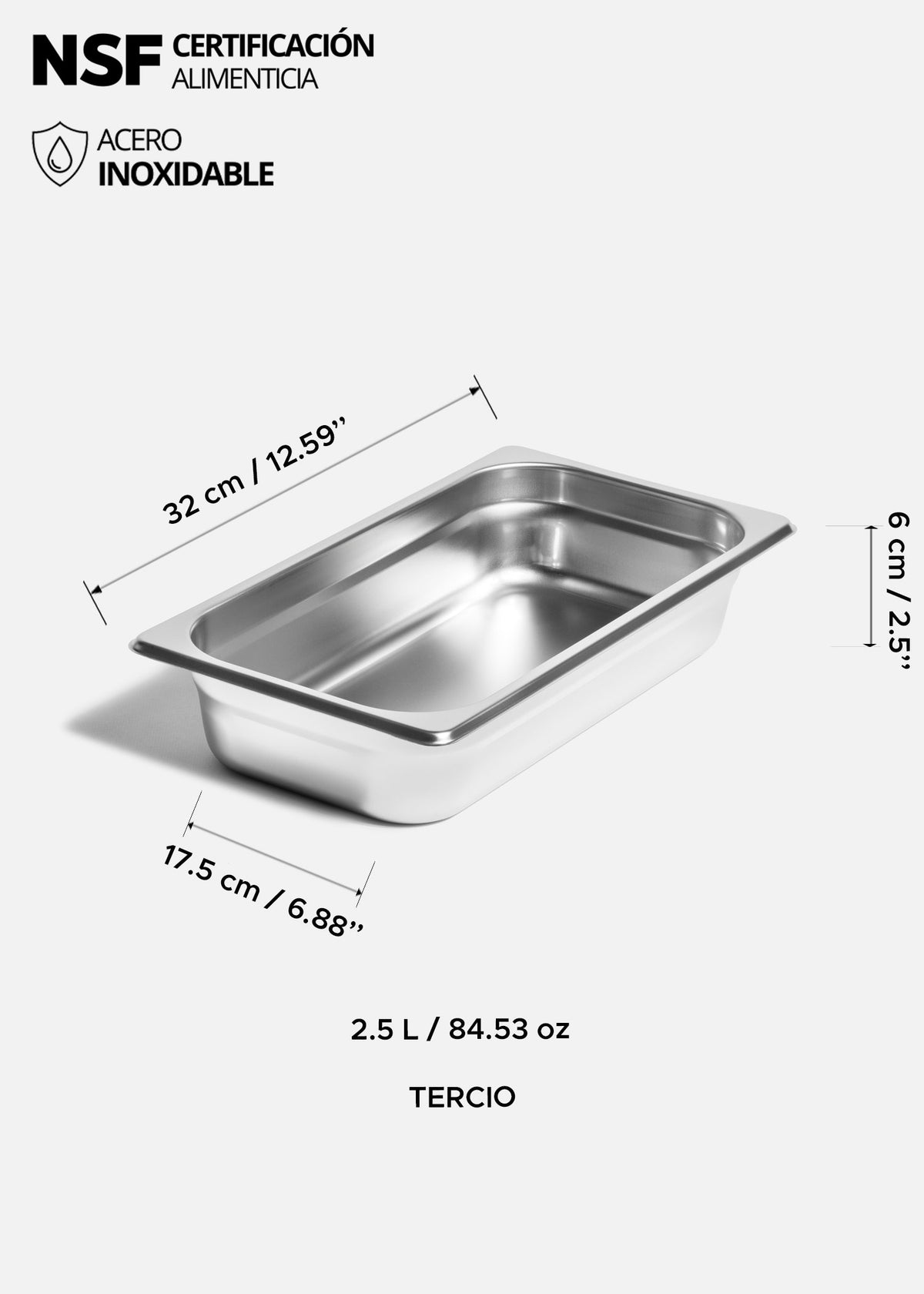 Inserto tercio de acero inoxidable quirúrgico NSF profundidad 2.5",4", 6" y 8". Premium — imagen de producto