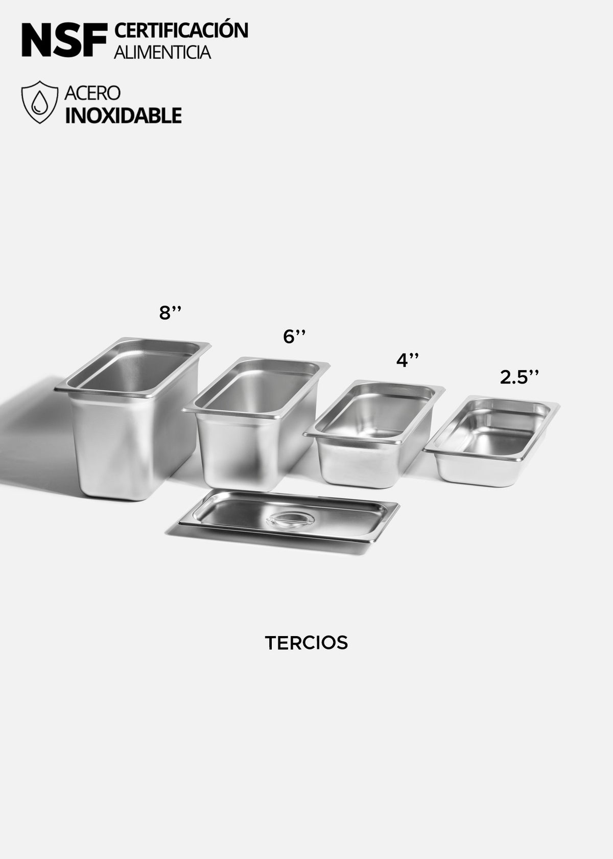 Inserto tercio de acero inoxidable quirúrgico NSF profundidad 2.5",4", 6" y 8". Premium — imagen de producto
