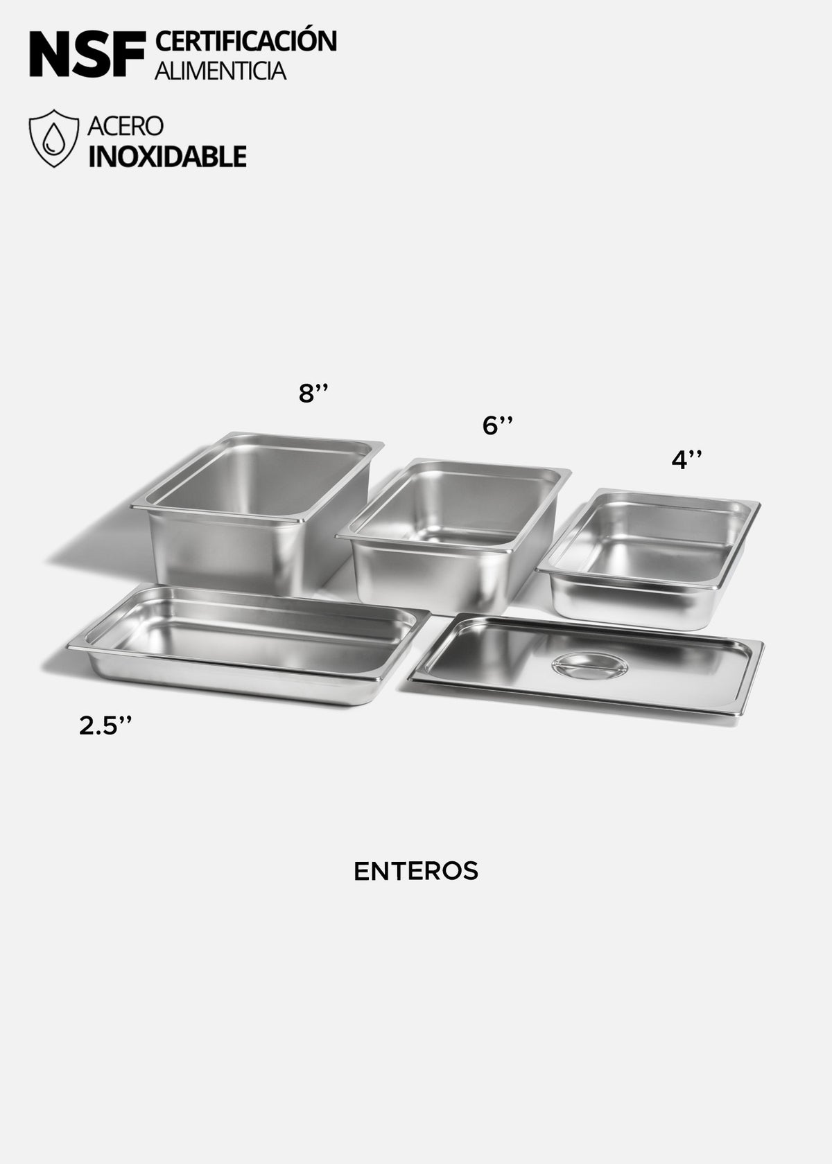 Inserto entero de acero inoxidable quirúrgico NSF profundidad 2.5", 4", 6" y 8". Premium — imagen de producto