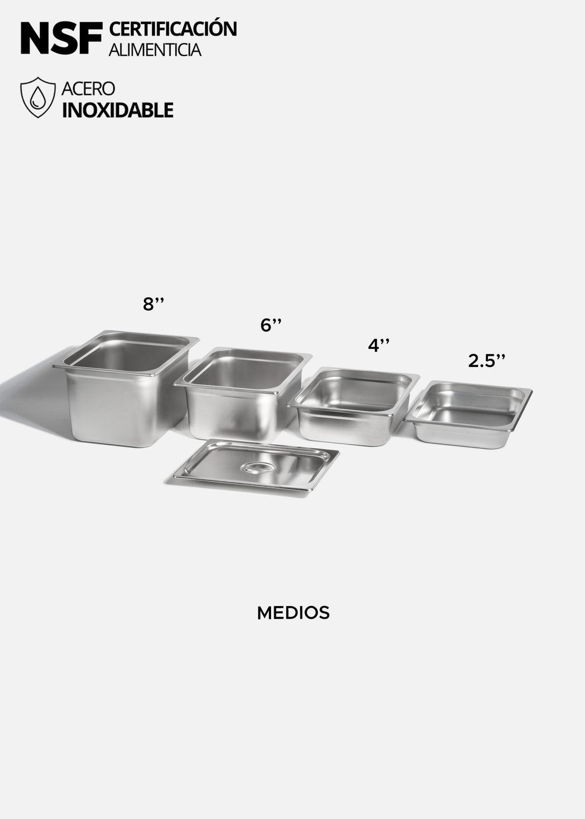Inserto medio de acero inoxidable quirúrgico NSF profundidad 2.5",4", 6" y 8". Premium — imagen de producto