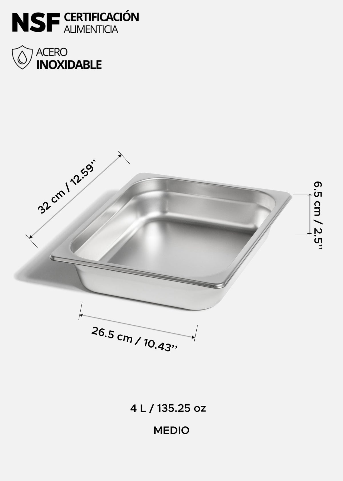 Inserto medio de acero inoxidable quirúrgico NSF profundidad 2.5",4", 6" y 8". Premium — imagen de producto