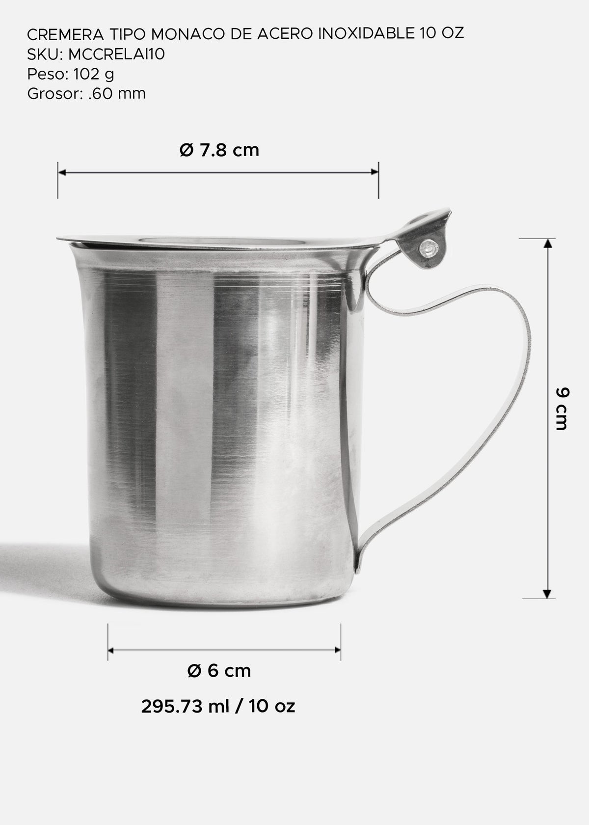 Jarra cremera tipo monaco con tapa de acero inoxidable plata para servicio de café en restaurantes 10 oz — imagen de producto