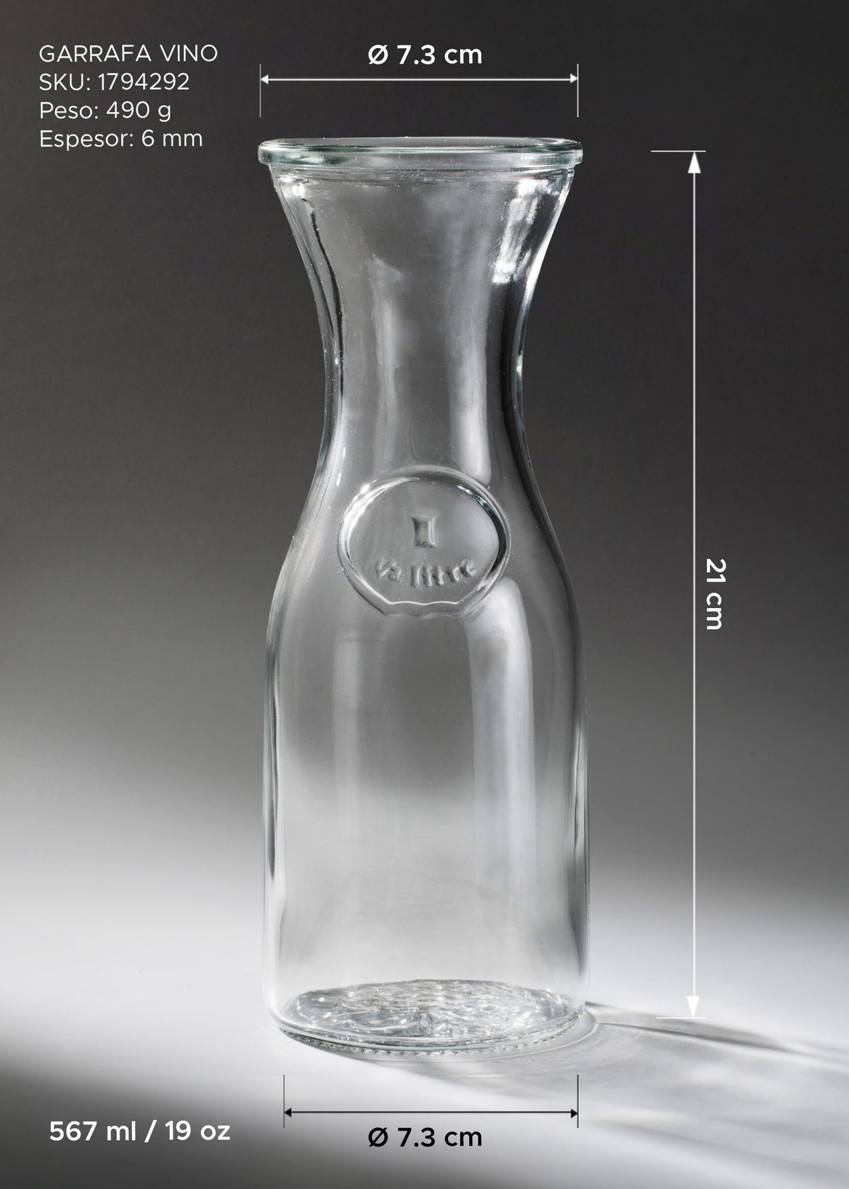 Jarra para vino de vidrio transparente de 567 ml