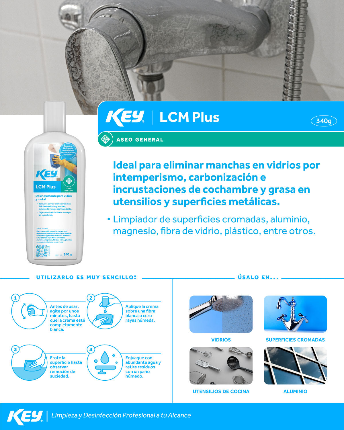 Desincrustante para vidrio y metal removedor de sarro, manchas de agua y oxidación LCM plus 340 gr — imagen de producto