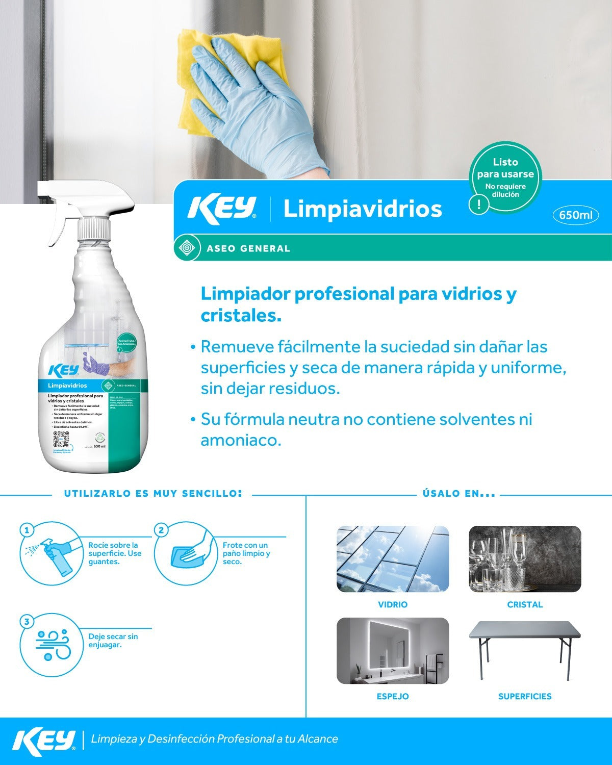 Limpia vidrios profesional sin amoniaco para vidrios y cristales 650 ml — imagen de producto