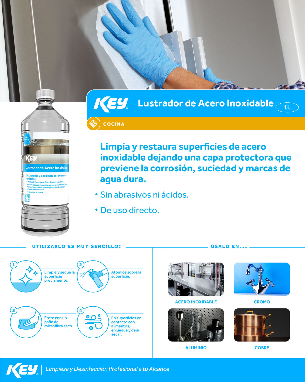 Lustrador de acero inoxidable profesional limpiador y abrillantador industrial 1 L — imagen de producto