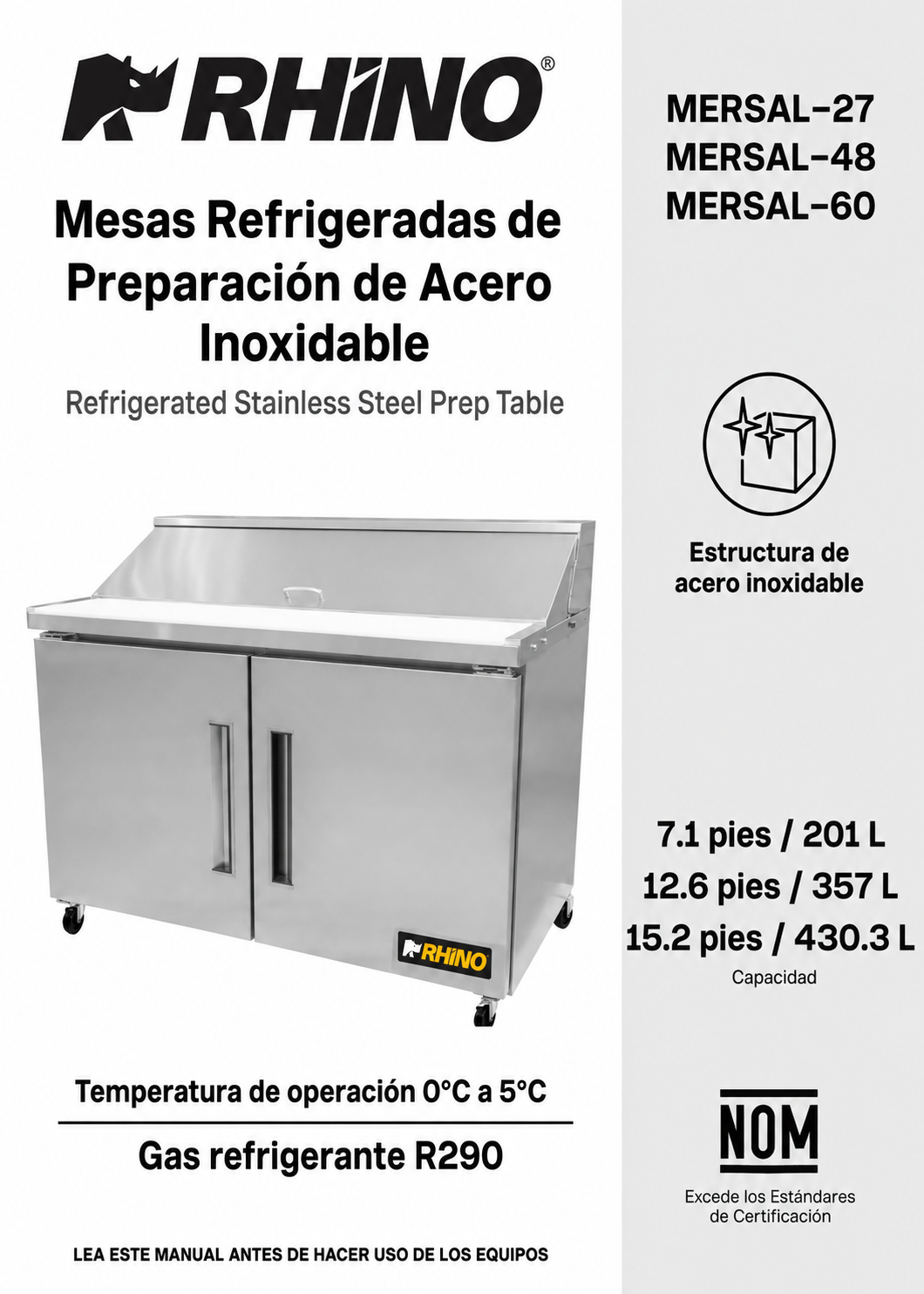 Mesa refrigerada de preparación de acero inoxidable 48" 357 L. Temperatura de 0°C a 4° C. 2 puertas. Largo 124 cm, ancho 76 cm, alto 117 cm. Rhino MERSAL-48 — imagen de producto