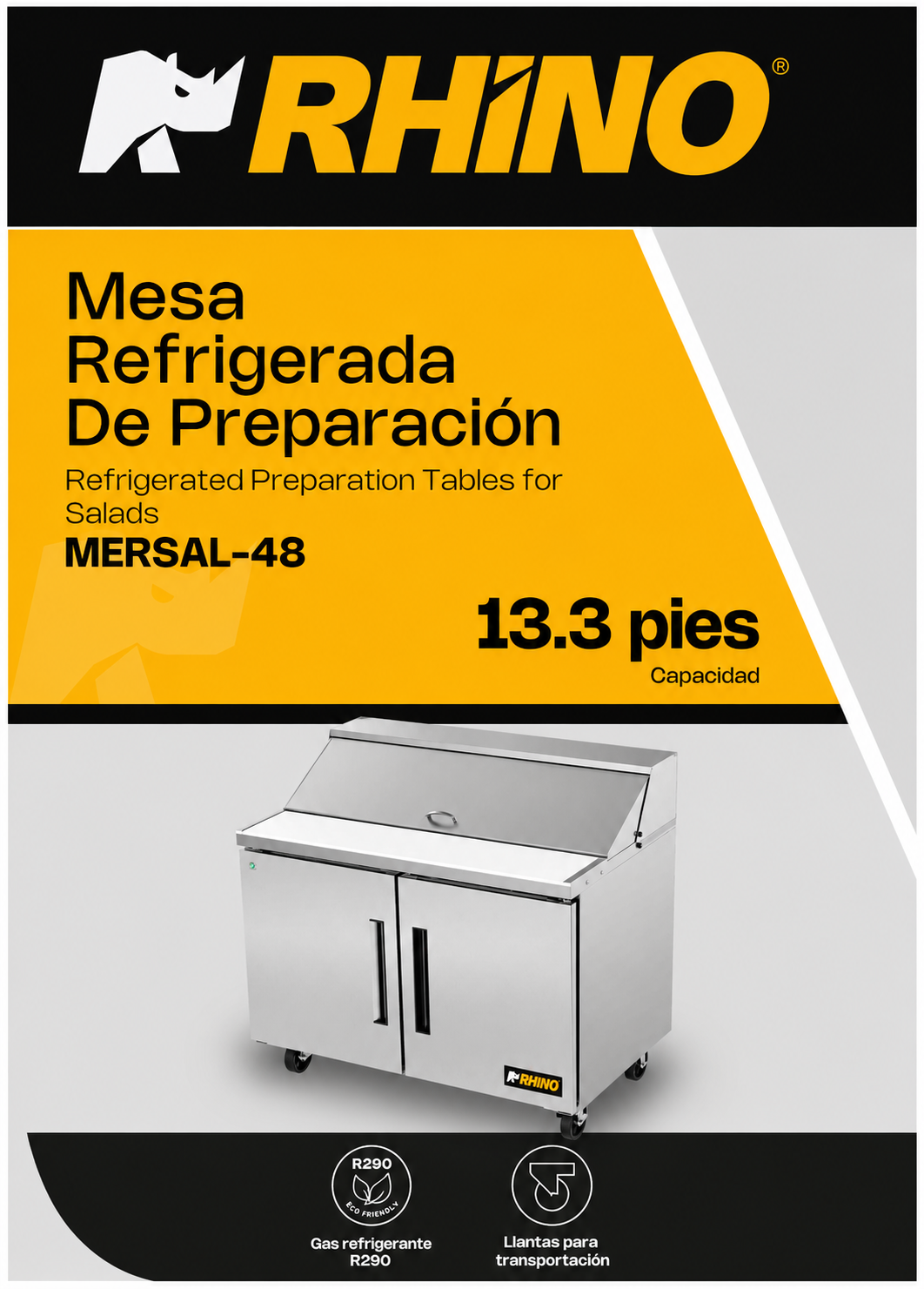 Mesa refrigerada de preparación de acero inoxidable 48" 357 L. Temperatura de 0°C a 4° C. 2 puertas. Largo 124 cm, ancho 76 cm, alto 117 cm. Rhino MERSAL-48 — imagen de producto