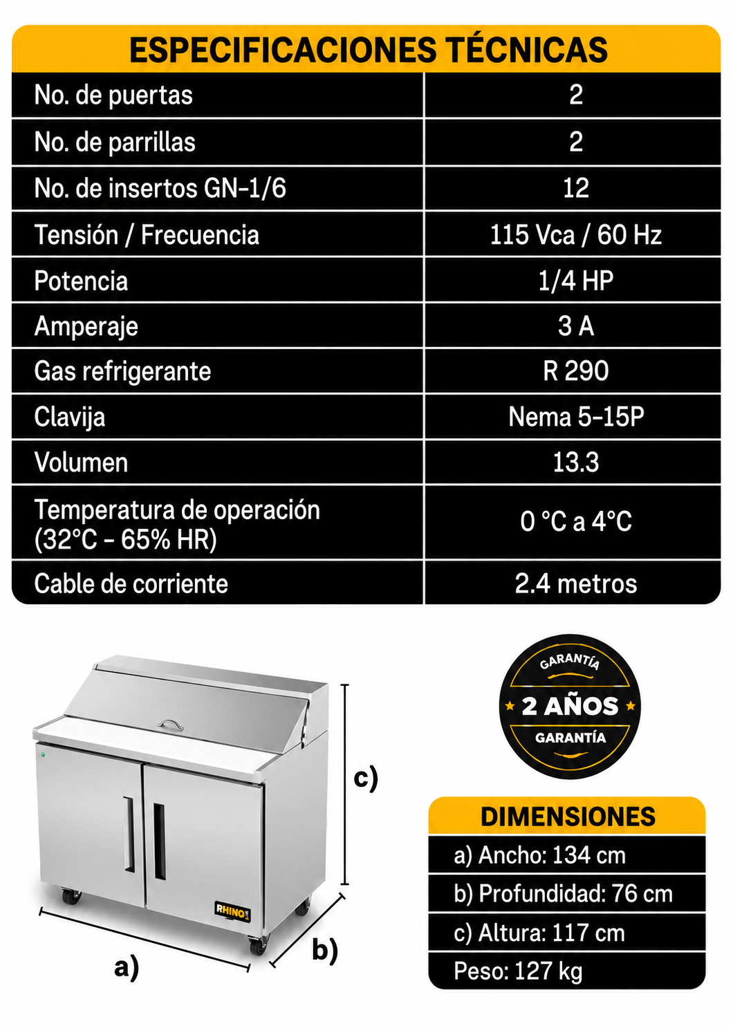 Mesa refrigerada de preparación de acero inoxidable 48" 357 L. Temperatura de 0°C a 4° C. 2 puertas. Largo 124 cm, ancho 76 cm, alto 117 cm. Rhino MERSAL-48 — imagen de producto