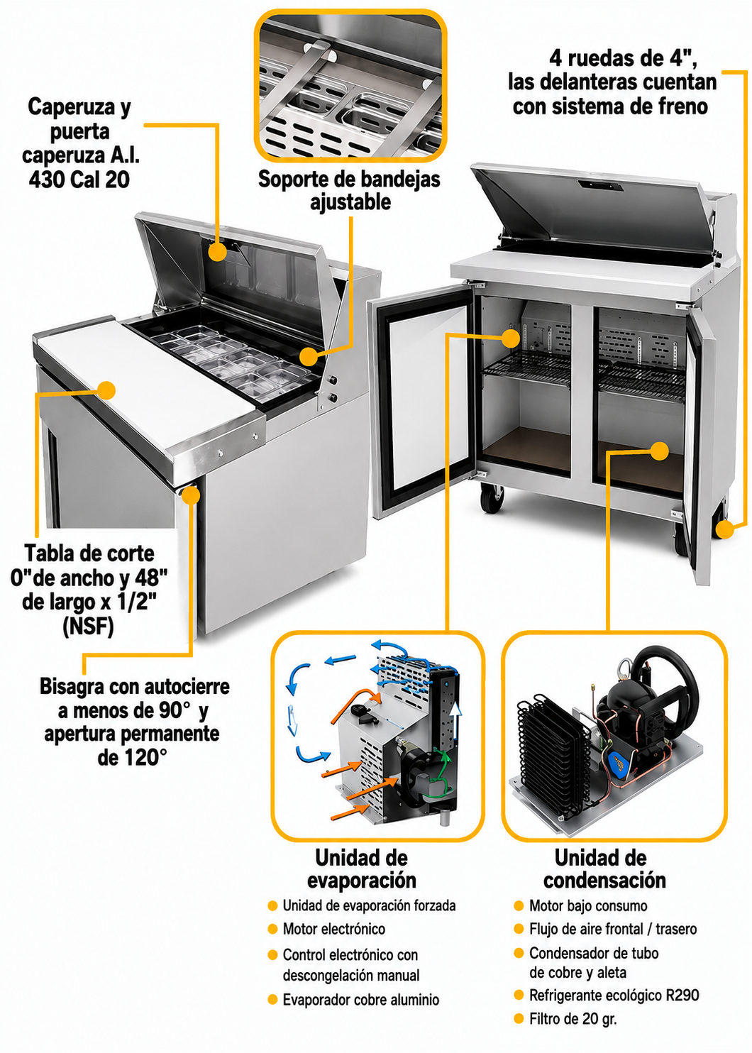 Mesa refrigerada de preparación de acero inoxidable 48" 357 L. Temperatura de 0°C a 4° C. 2 puertas. Largo 124 cm, ancho 76 cm, alto 117 cm. Rhino MERSAL-48 — imagen de producto