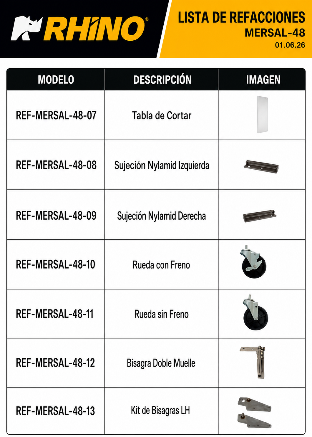Mesa refrigerada de preparación de acero inoxidable 48" 357 L. Temperatura de 0°C a 4° C. 2 puertas. Largo 124 cm, ancho 76 cm, alto 117 cm. Rhino MERSAL-48 — imagen de producto