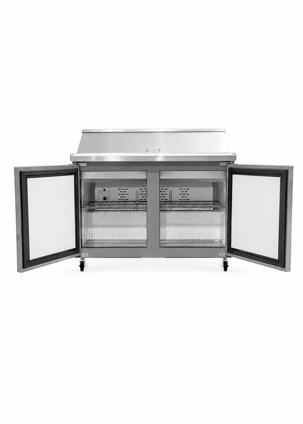 Mesa refrigerada de preparación de acero inoxidable 48" 357 L. Temperatura de 0°C a 4° C. 2 puertas. Largo 124 cm, ancho 76 cm, alto 117 cm. Rhino MERSAL-48 — imagen de producto