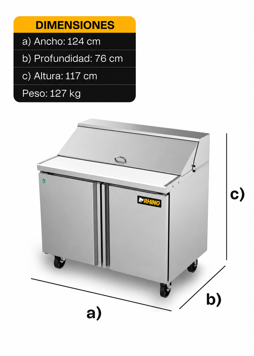 Mesa refrigerada de preparación de acero inoxidable 48" 357 L. Temperatura de 0°C a 4° C. 2 puertas. Largo 124 cm, ancho 76 cm, alto 117 cm. Rhino MERSAL-48 — imagen de producto