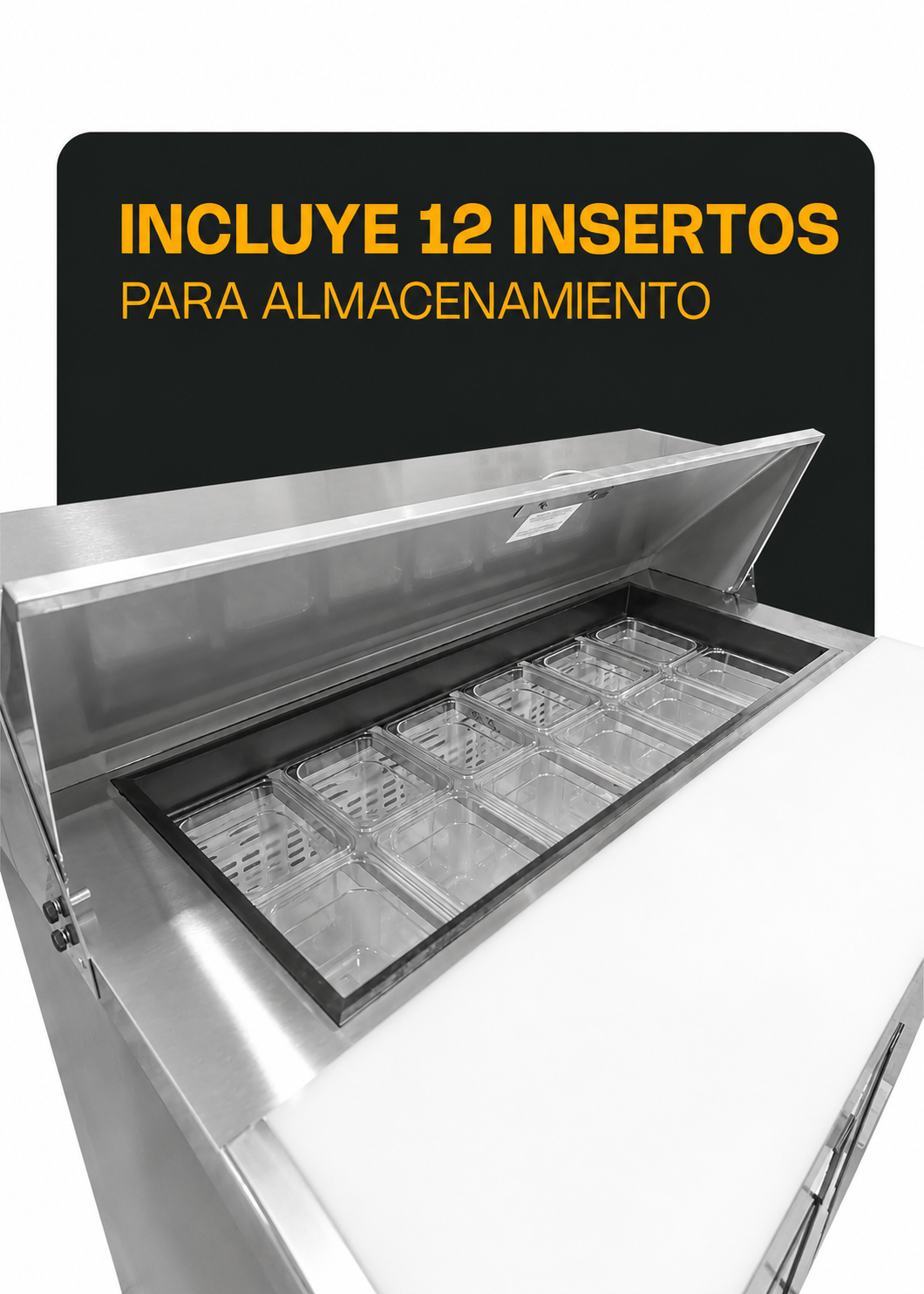 Mesa refrigerada de preparación de acero inoxidable 48" 357 L. Temperatura de 0°C a 4° C. 2 puertas. Largo 124 cm, ancho 76 cm, alto 117 cm. Rhino MERSAL-48 — imagen de producto