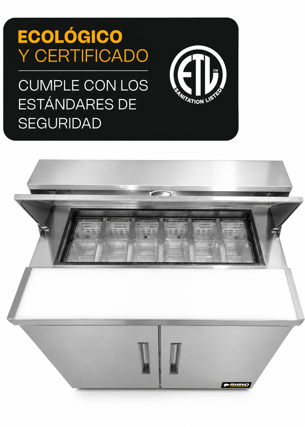 Mesa refrigerada de preparación de acero inoxidable 48" 357 L. Temperatura de 0°C a 4° C. 2 puertas. Largo 124 cm, ancho 76 cm, alto 117 cm. Rhino MERSAL-48 — imagen de producto