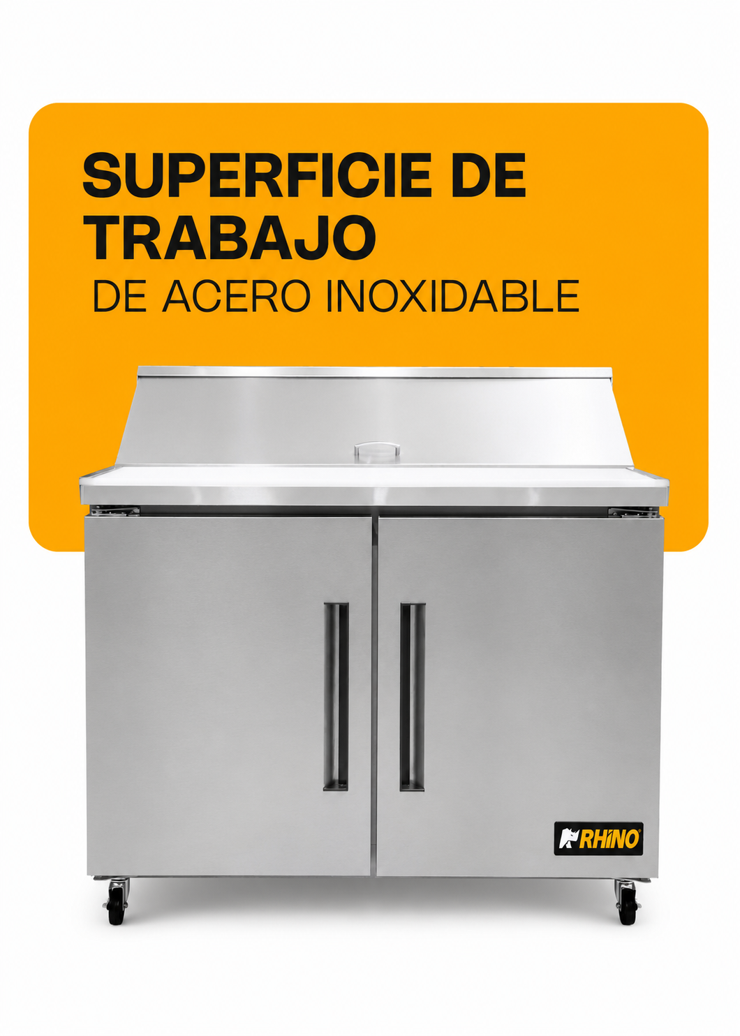 Mesa refrigerada de preparación de acero inoxidable 48" 357 L. Temperatura de 0°C a 4° C. 2 puertas. Largo 124 cm, ancho 76 cm, alto 117 cm. Rhino MERSAL-48 — imagen de producto