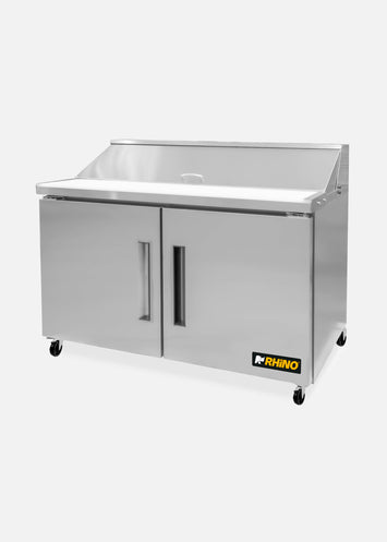 Mesa refrigerada de preparación de acero inoxidable 48" 357 L. Temperatura de 0°C a 4° C. 2 puertas. Largo 124 cm, ancho 76 cm, alto 117 cm. Rhino MERSAL-48 — imagen de producto
