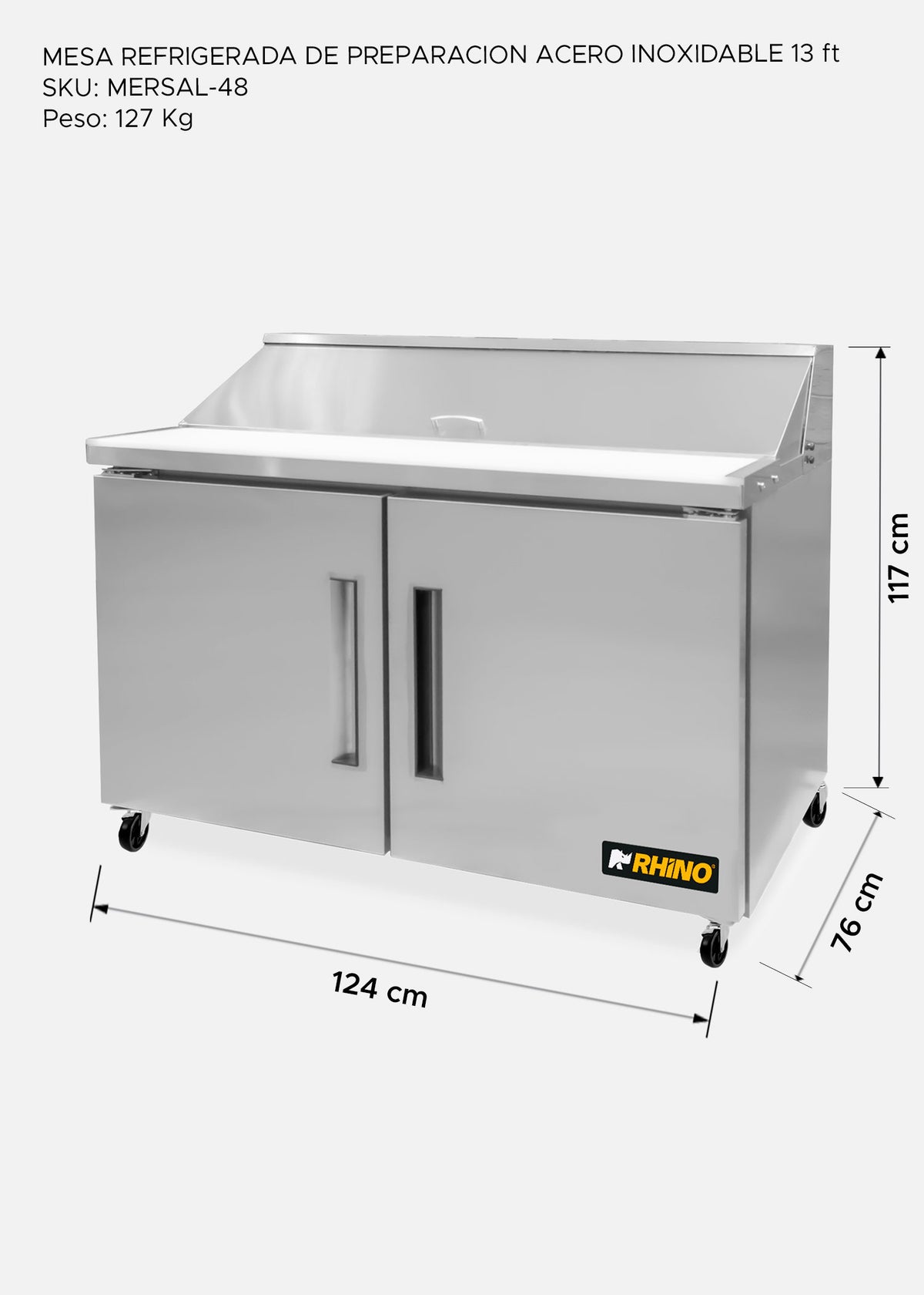Mesa refrigerada de preparación de acero inoxidable 48" 357 L. Temperatura de 0°C a 4° C. 2 puertas. Largo 124 cm, ancho 76 cm, alto 117 cm. Rhino MERSAL-48 — imagen de producto