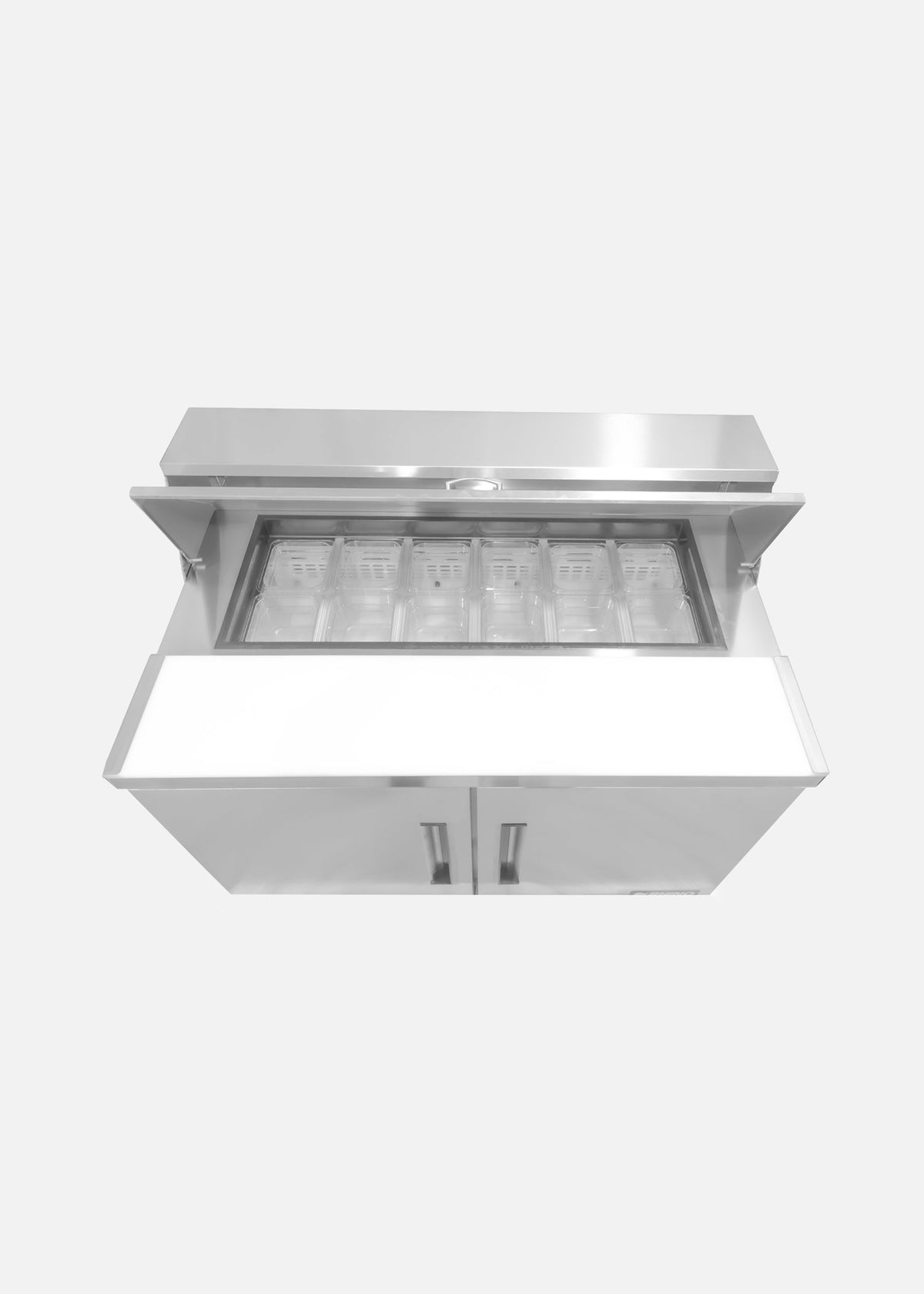Mesa refrigerada de preparación de acero inoxidable 48" 357 L. Temperatura de 0°C a 4° C. 2 puertas. Largo 124 cm, ancho 76 cm, alto 117 cm. Rhino MERSAL-48 — imagen de producto