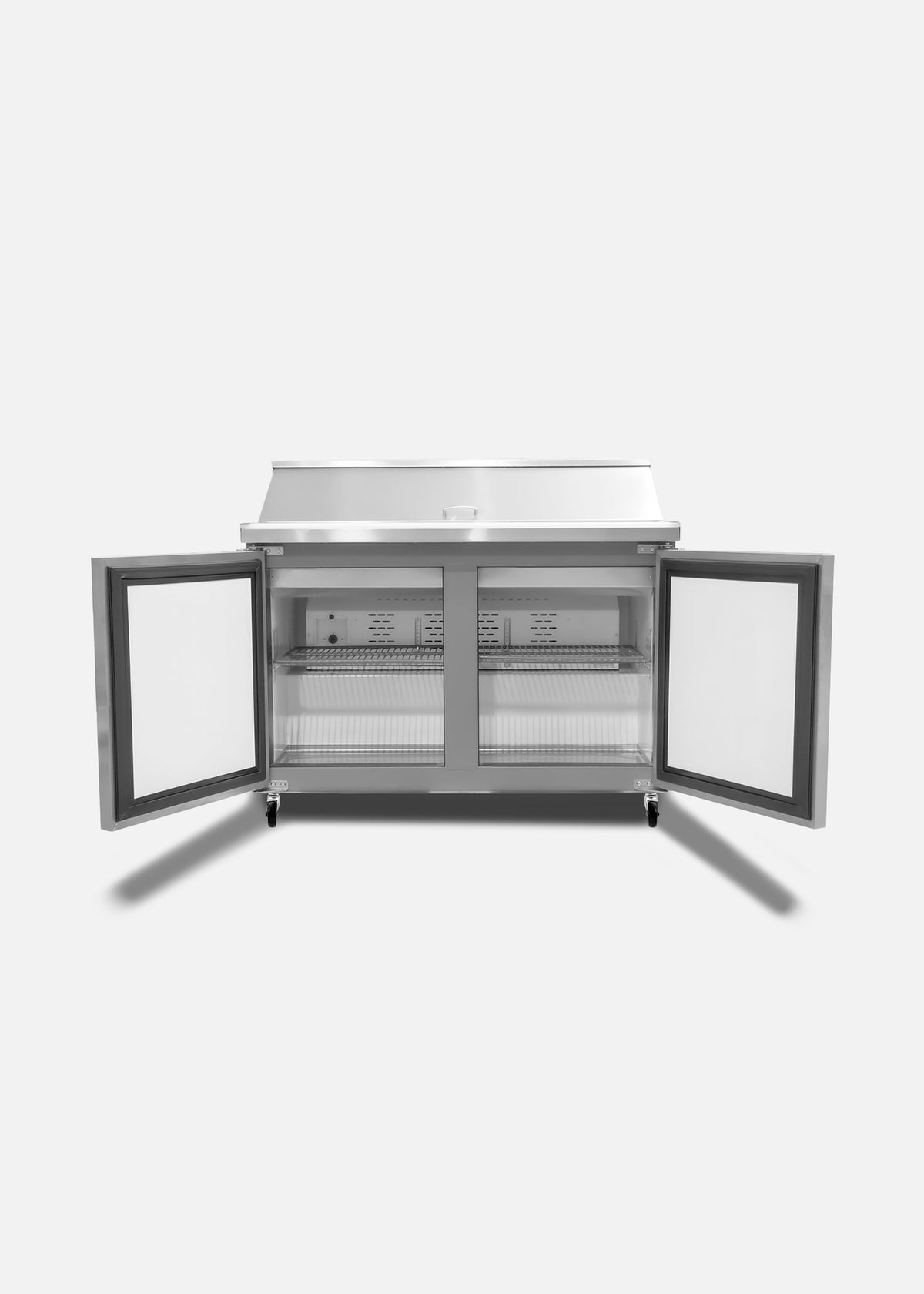 Mesa refrigerada de preparación de acero inoxidable 48" 357 L. Temperatura de 0°C a 4° C. 2 puertas. Largo 124 cm, ancho 76 cm, alto 117 cm. Rhino MERSAL-48 — imagen de producto
