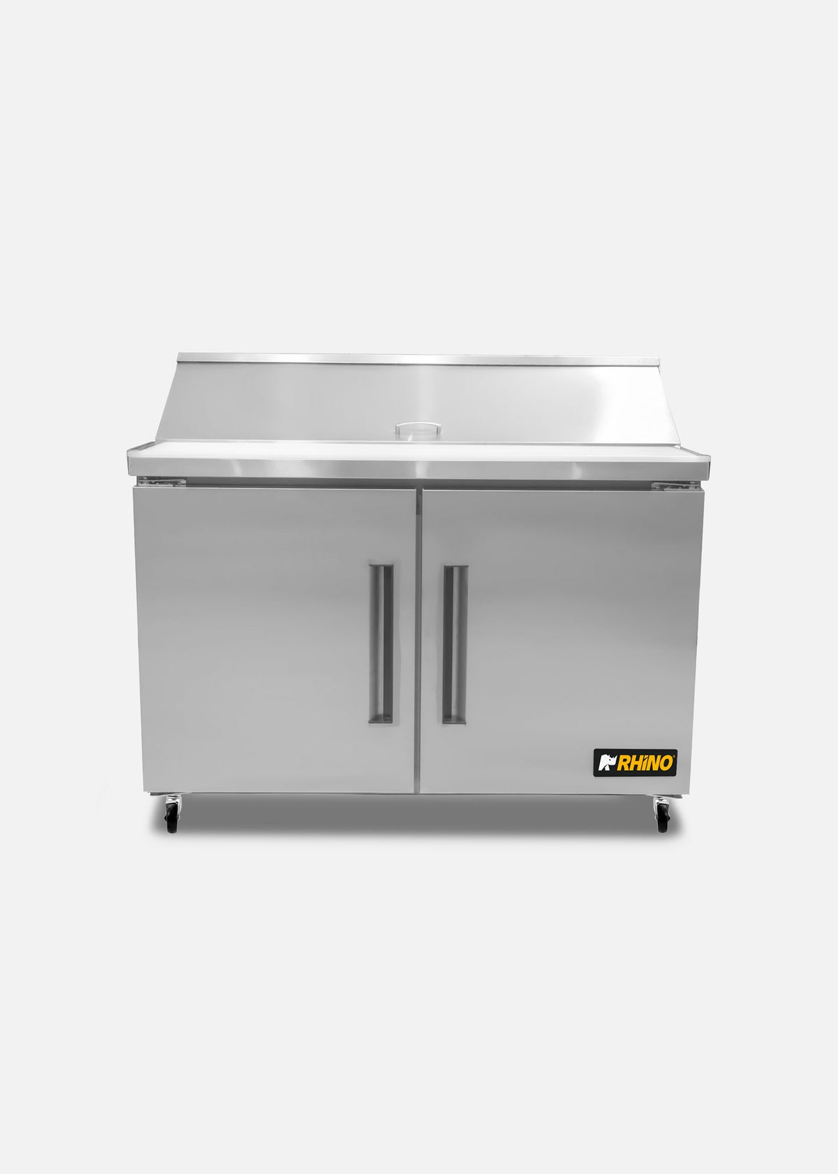 Mesa refrigerada de preparación de acero inoxidable 48" 357 L. Temperatura de 0°C a 4° C. 2 puertas. Largo 124 cm, ancho 76 cm, alto 117 cm. Rhino MERSAL-48 — imagen de producto