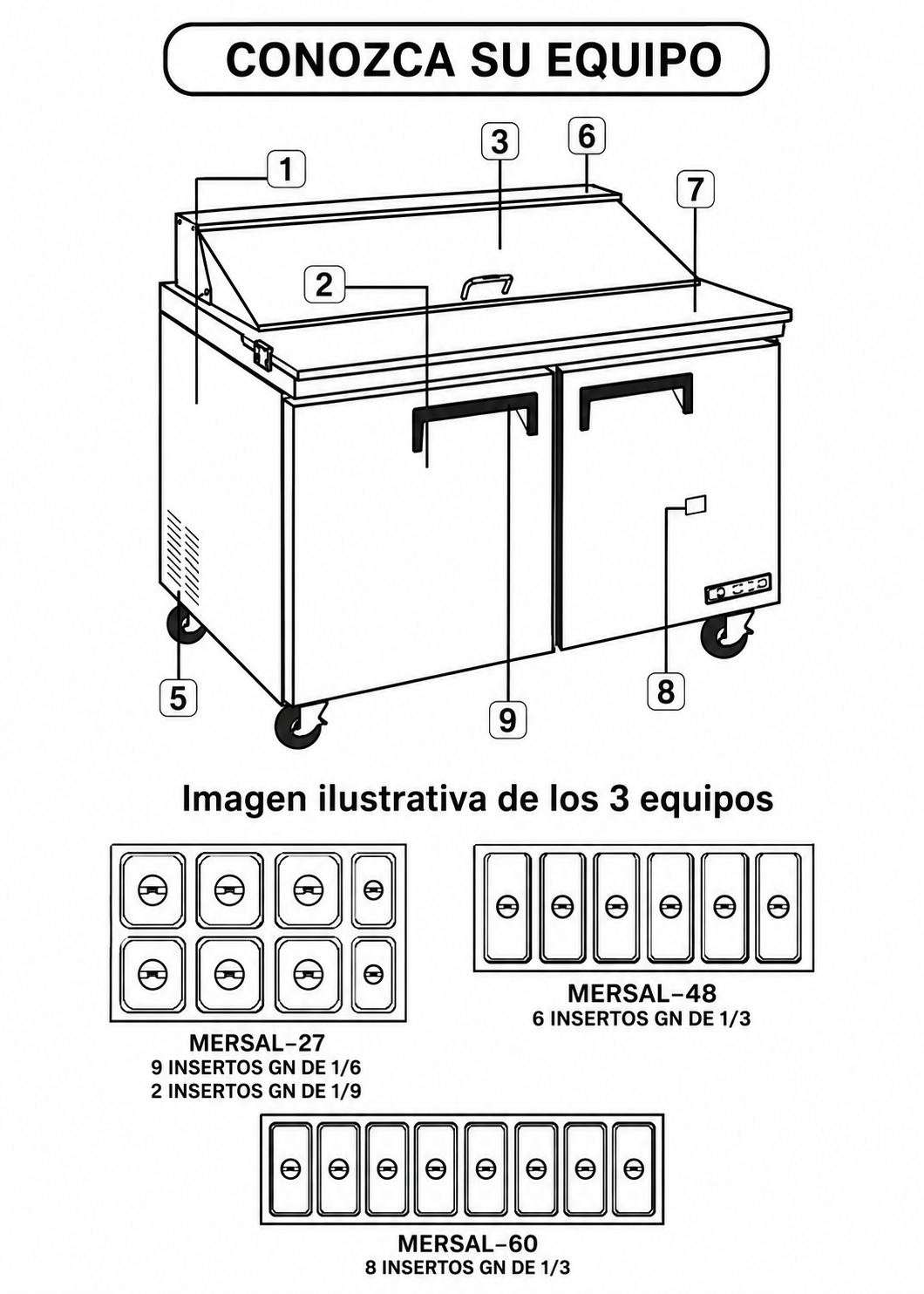 Mesa refrigerada de preparación de acero inoxidable 48" 357 L. Temperatura de 0°C a 4° C. 2 puertas. Largo 124 cm, ancho 76 cm, alto 117 cm. Rhino MERSAL-48 — imagen de producto