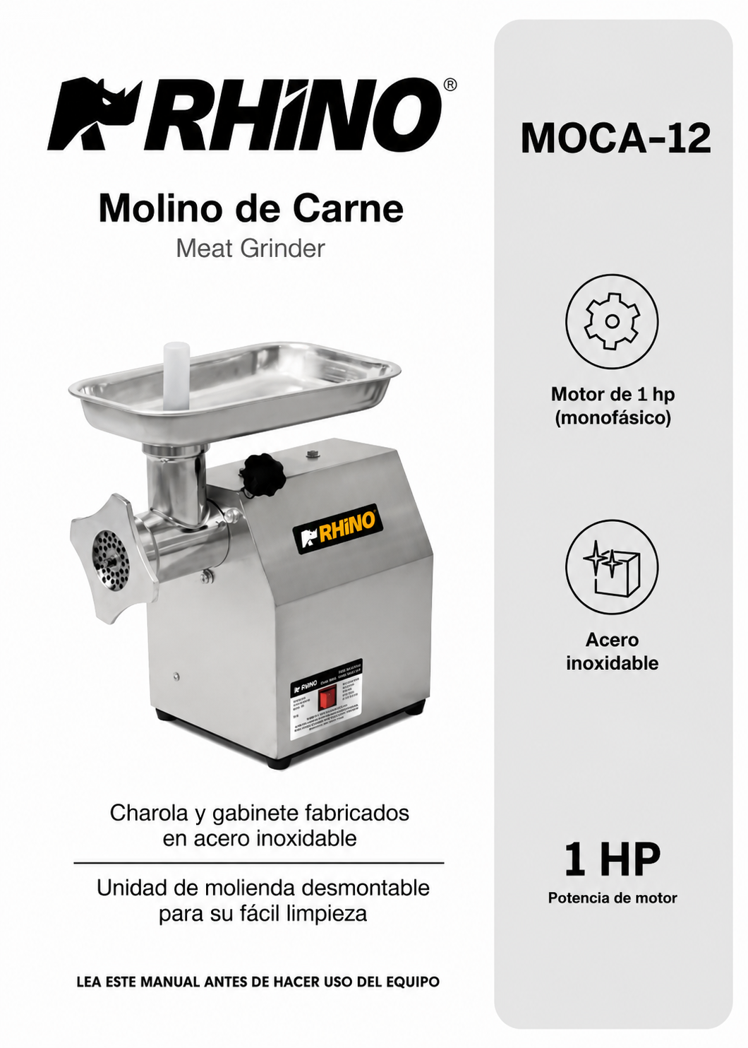 Molino industrial para carne de 180 kg/h 1 HP. Potencia de 750 W. Cedazo 12. Charola y gabinete de acero inoxidable grado alimenticio, corona, cabezal y gusano de acero inoxidable. Rhino MOCA-12 — imagen de producto