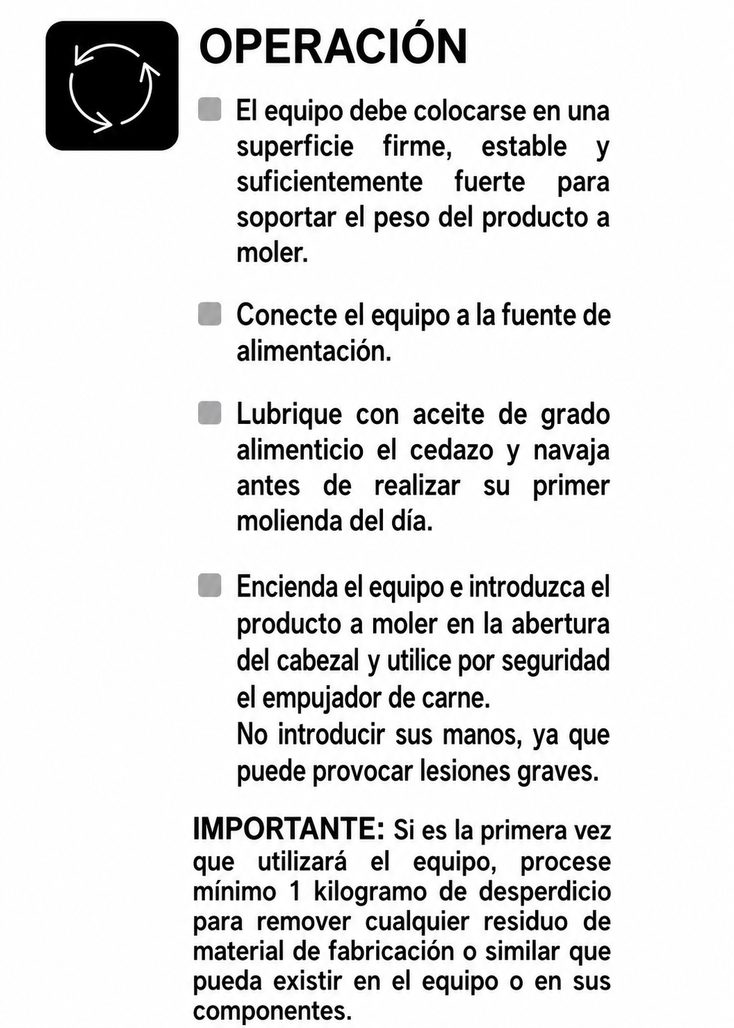 Molino industrial para carne de 180 kg/h 1 HP. Potencia de 750 W. Cedazo 12. Charola y gabinete de acero inoxidable grado alimenticio, corona, cabezal y gusano de acero inoxidable. Rhino MOCA-12 — imagen de producto