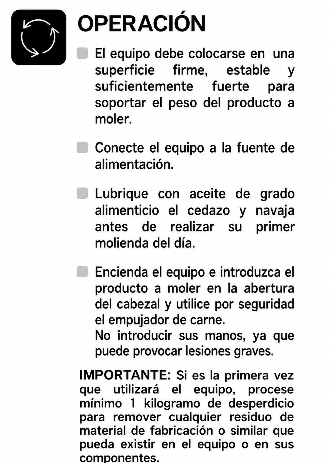 Molino industrial para carne de 180 kg/h 1 HP. Potencia de 750 W. Cedazo 12. Charola y gabinete de acero inoxidable grado alimenticio, corona, cabezal y gusano de acero inoxidable. Rhino MOCA-12 — imagen de producto