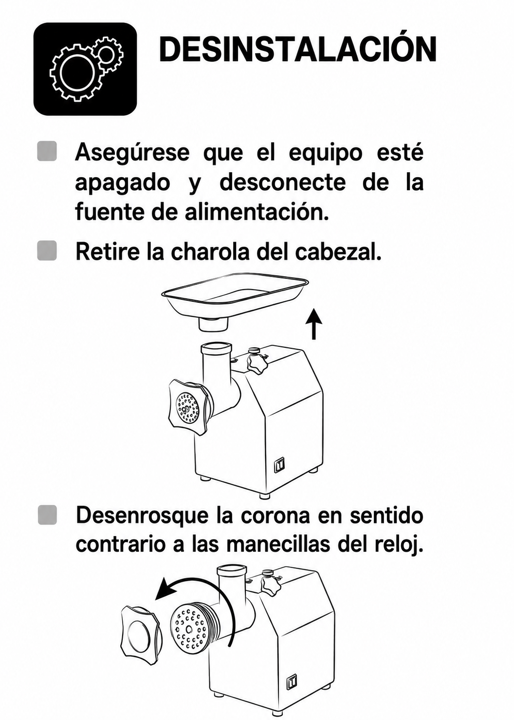Molino industrial para carne de 180 kg/h 1 HP. Potencia de 750 W. Cedazo 12. Charola y gabinete de acero inoxidable grado alimenticio, corona, cabezal y gusano de acero inoxidable. Rhino MOCA-12 — imagen de producto