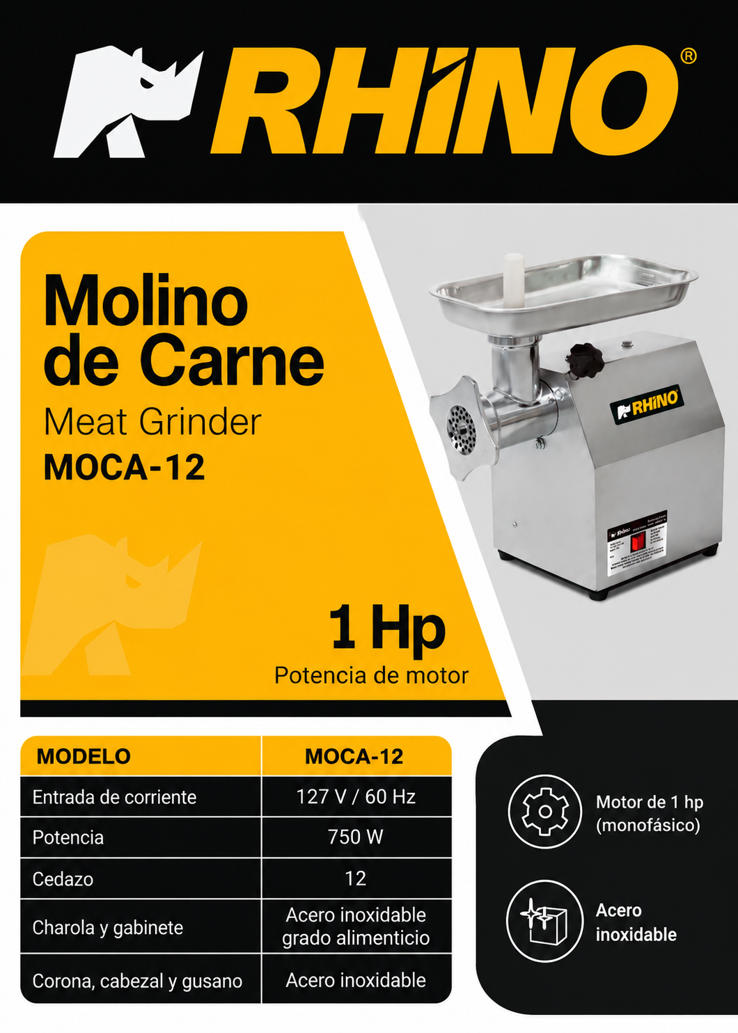 Molino industrial para carne de 180 kg/h 1 HP. Potencia de 750 W. Cedazo 12. Charola y gabinete de acero inoxidable grado alimenticio, corona, cabezal y gusano de acero inoxidable. Rhino MOCA-12 — imagen de producto