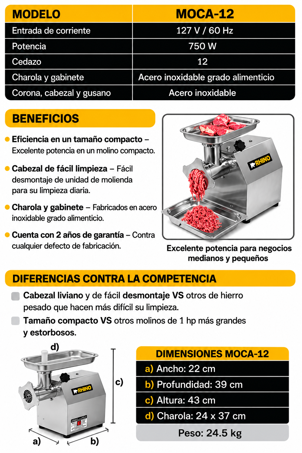 Molino industrial para carne de 180 kg/h 1 HP. Potencia de 750 W. Cedazo 12. Charola y gabinete de acero inoxidable grado alimenticio, corona, cabezal y gusano de acero inoxidable. Rhino MOCA-12 — imagen de producto