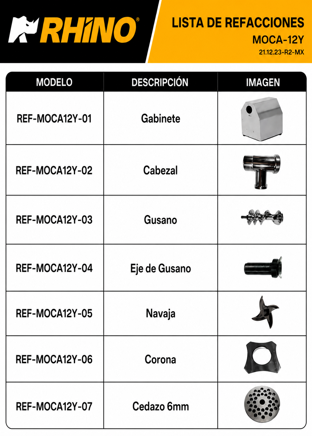 Molino industrial para carne de 180 kg/h 1 HP. Potencia de 750 W. Cedazo 12. Charola y gabinete de acero inoxidable grado alimenticio, corona, cabezal y gusano de acero inoxidable. Rhino MOCA-12 — imagen de producto