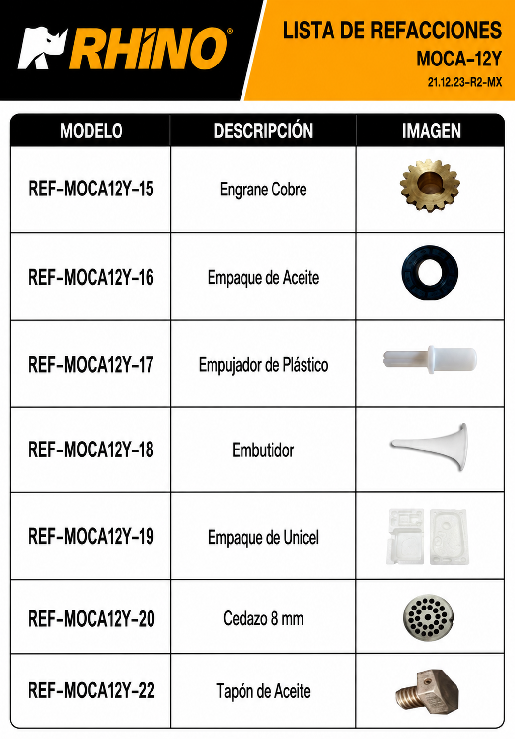 Molino industrial para carne de 180 kg/h 1 HP. Potencia de 750 W. Cedazo 12. Charola y gabinete de acero inoxidable grado alimenticio, corona, cabezal y gusano de acero inoxidable. Rhino MOCA-12 — imagen de producto