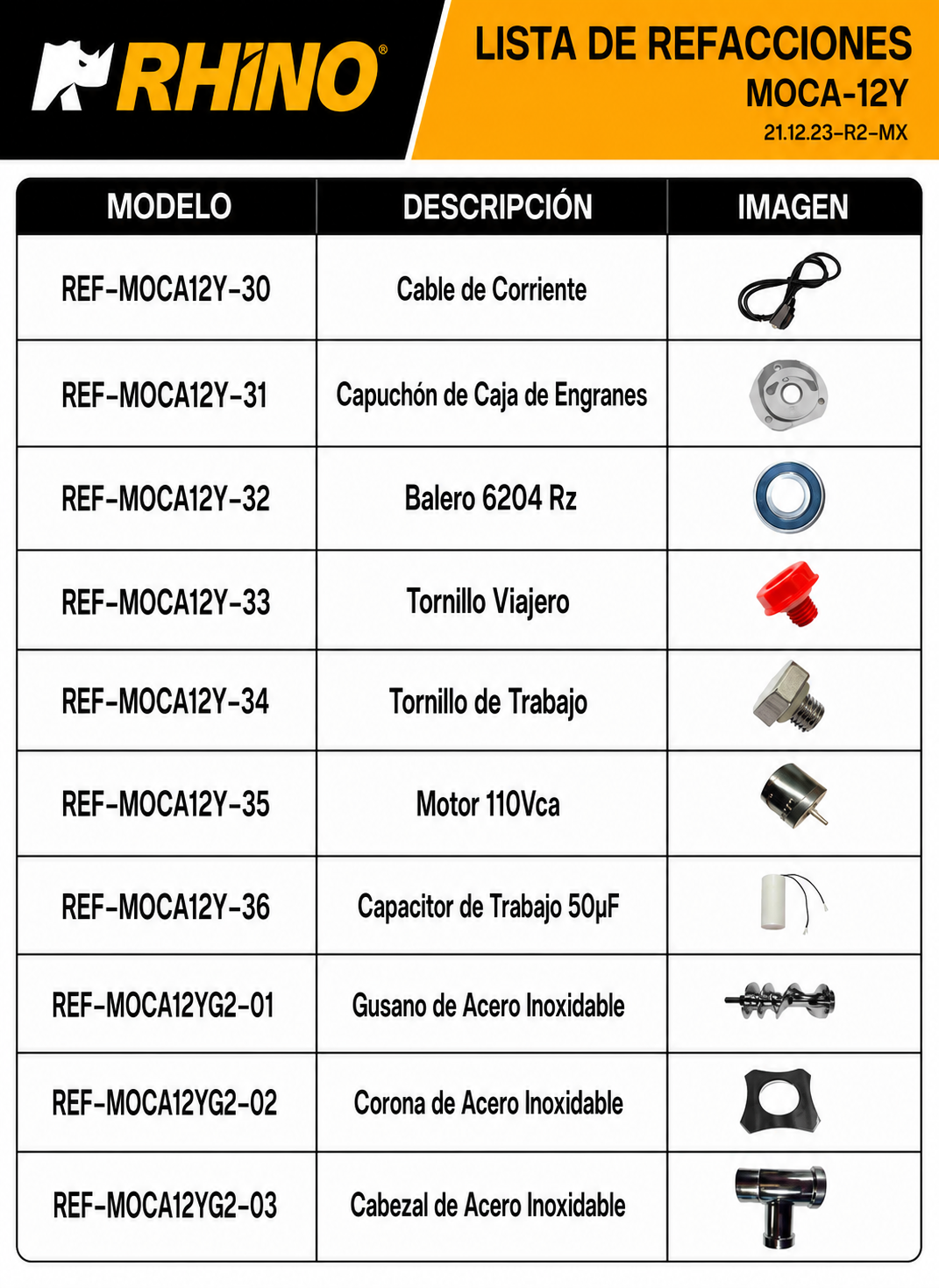 Molino industrial para carne de 180 kg/h 1 HP. Potencia de 750 W. Cedazo 12. Charola y gabinete de acero inoxidable grado alimenticio, corona, cabezal y gusano de acero inoxidable. Rhino MOCA-12 — imagen de producto