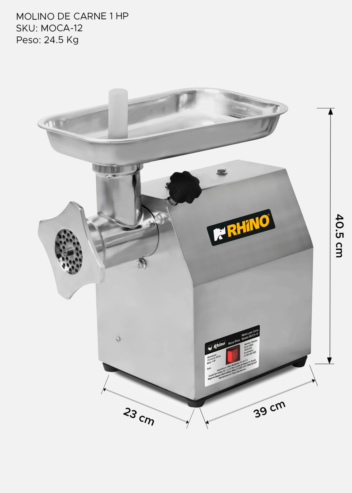 Molino industrial para carne de 180 kg/h 1 HP. Potencia de 750 W. Cedazo 12. Charola y gabinete de acero inoxidable grado alimenticio, corona, cabezal y gusano de acero inoxidable. Rhino MOCA-12 — imagen de producto