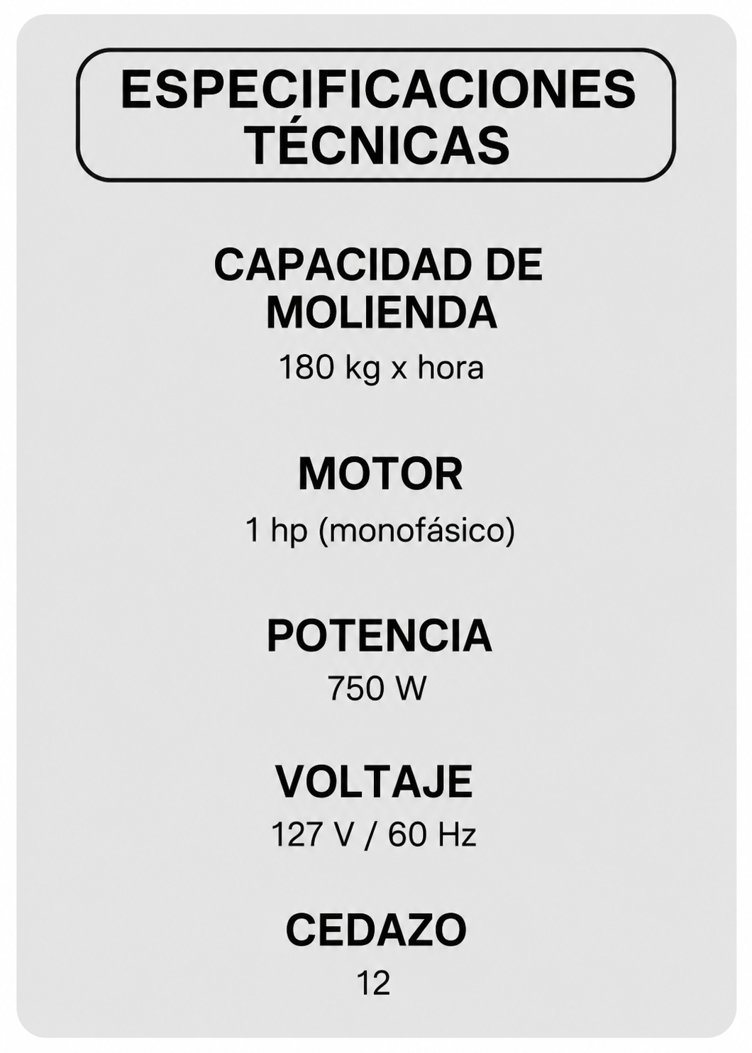 Molino industrial para carne de 180 kg/h 1 HP. Potencia de 750 W. Cedazo 12. Charola y gabinete de acero inoxidable grado alimenticio, corona, cabezal y gusano de acero inoxidable. Rhino MOCA-12 — imagen de producto