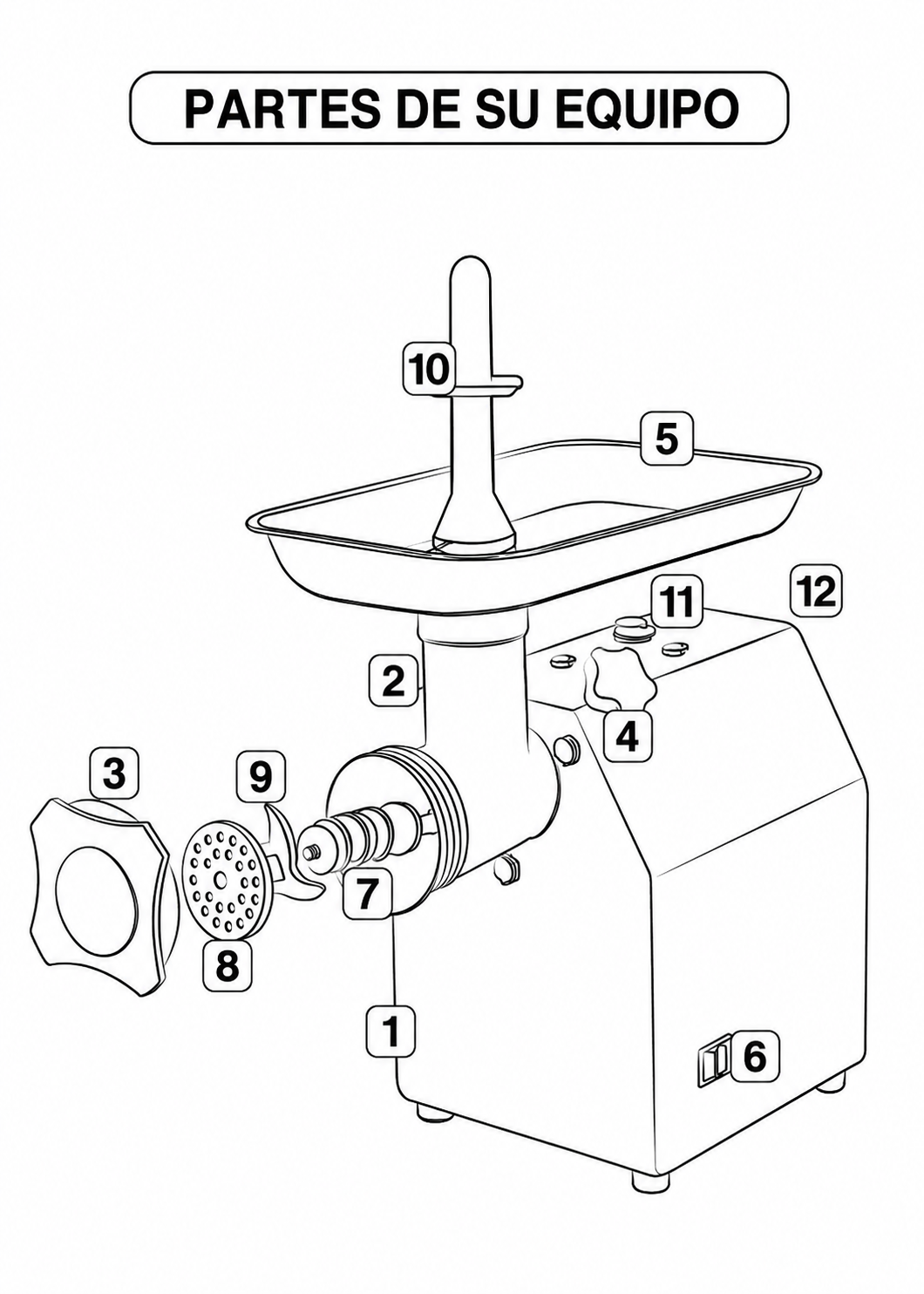 Molino industrial para carne de 180 kg/h 1 HP. Potencia de 750 W. Cedazo 12. Charola y gabinete de acero inoxidable grado alimenticio, corona, cabezal y gusano de acero inoxidable. Rhino MOCA-12 — imagen de producto