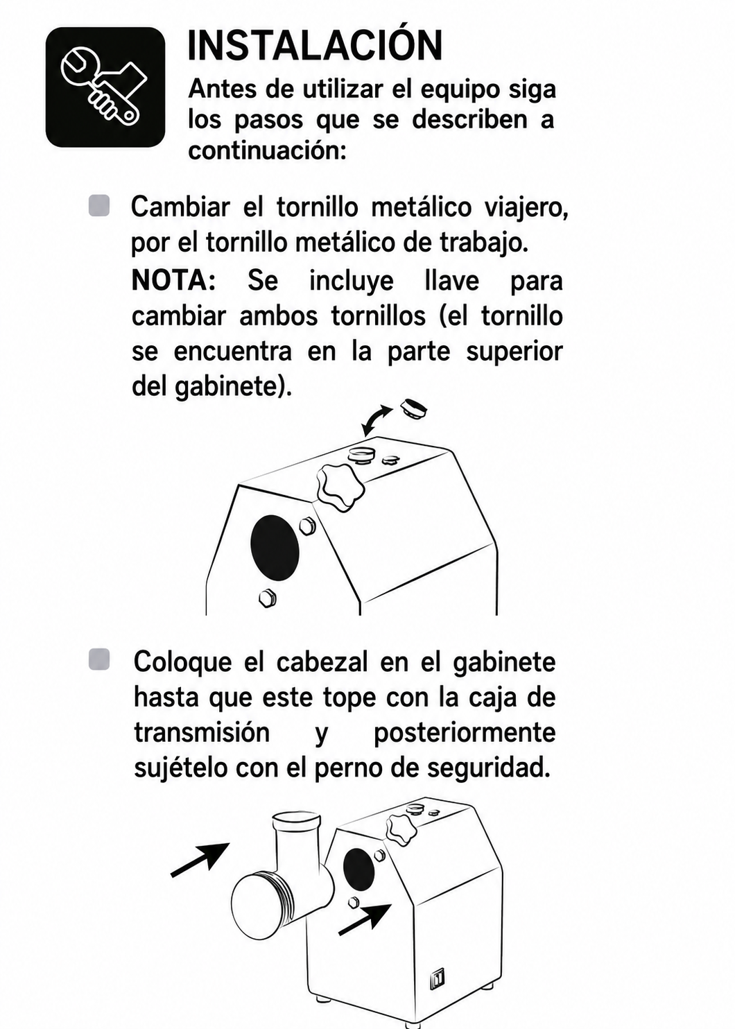 Molino industrial para carne de 180 kg/h 1 HP. Potencia de 750 W. Cedazo 12. Charola y gabinete de acero inoxidable grado alimenticio, corona, cabezal y gusano de acero inoxidable. Rhino MOCA-12 — imagen de producto