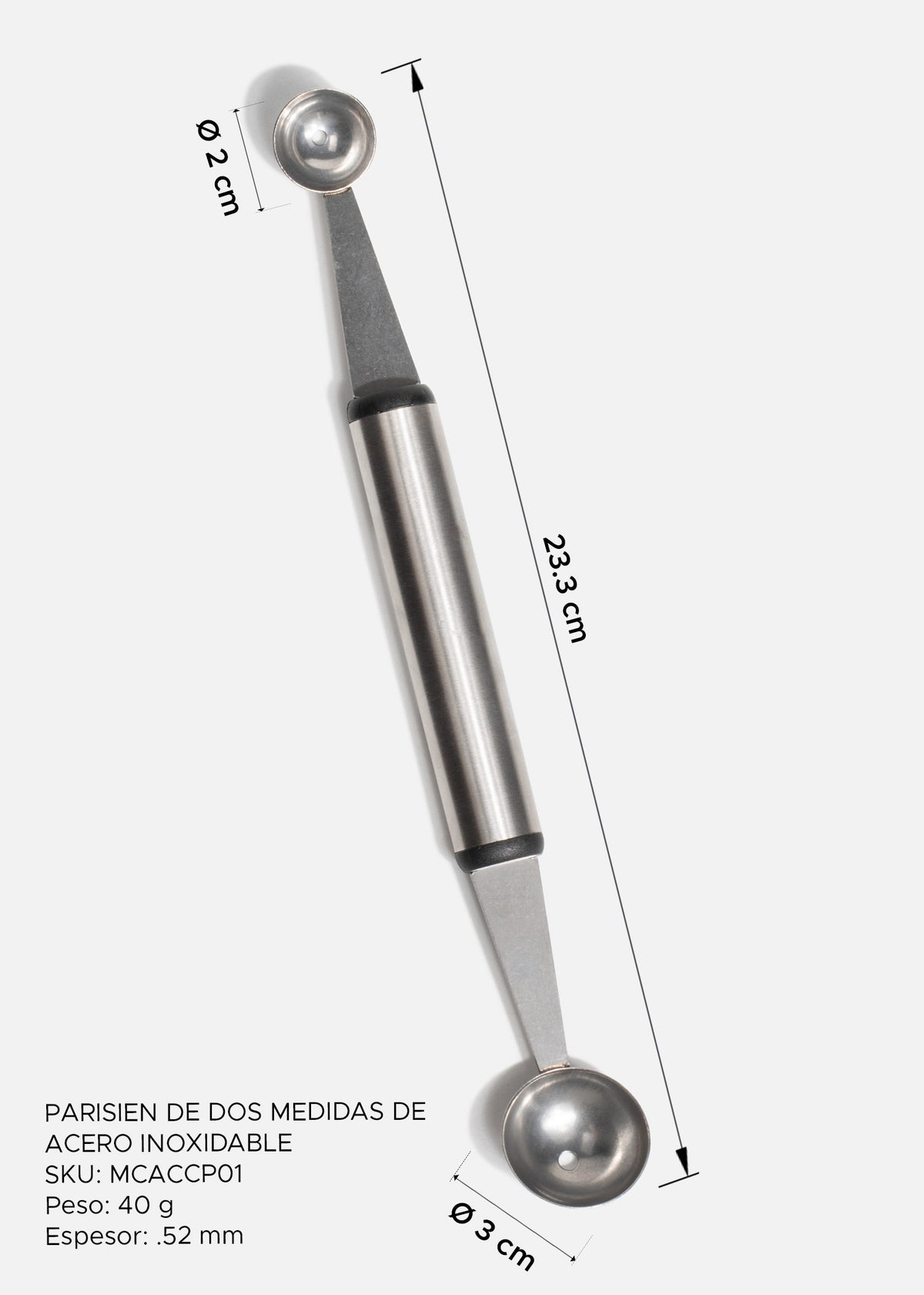 Parisien doble de acero inoxidable plata profesional de dos medidas para frutas y repostería 2 y 3 cm — imagen de producto