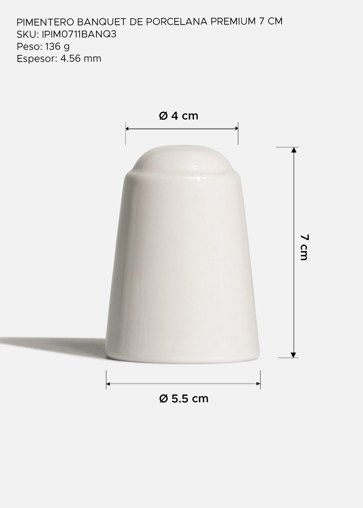 Pimentero de porcelana blanco premium resistente a choques para restaurantes, hoteles, y cafeterías Banquet. Altura 7 cm (3"), capacidad 30 g — imagen de producto